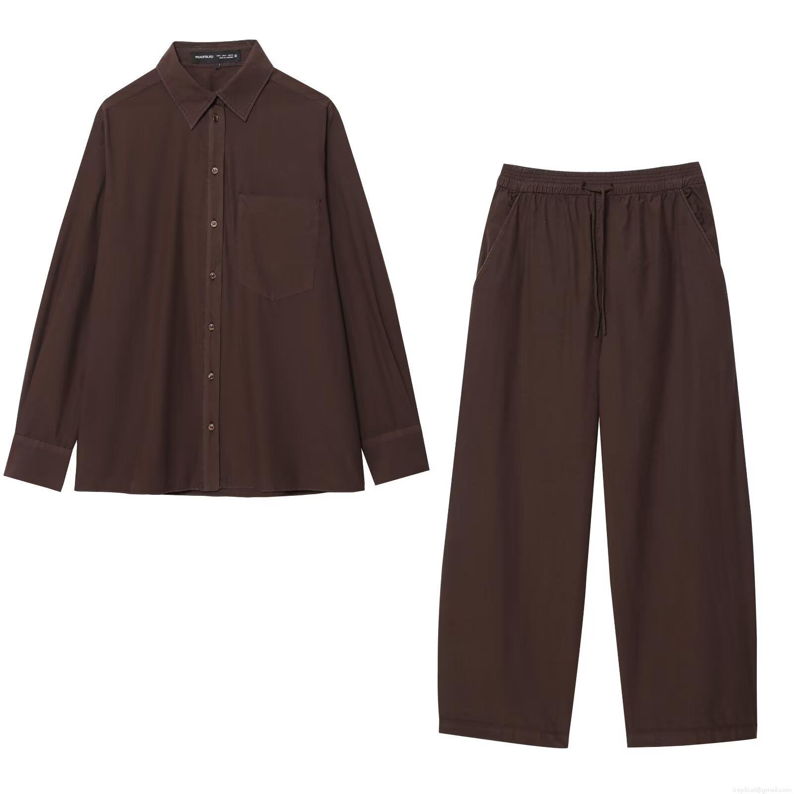 Women's Casual Solid Color Long Sleeve Shirt And Wide Leg Pants Set Polyester European Streetwear Two Piece Outfits For Daily Street Women Lounge Wear Women's Casual Solid Color Long Sleeve Shirt And Wide Leg Pants Set Polyester European Streetwear Two Piece Outfits For Daily Street Women Lounge Wear