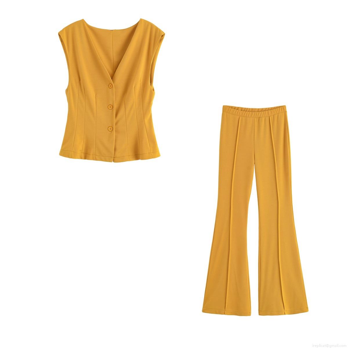 Women's 2 Piece Summer Set V Neck Sleeveless Button Down Vest Waistcoat and High Waist Flare Pants Solid Color Polyester Casual Streetwear Outfits Women's 2 Piece Summer Set V Neck Sleeveless Button Down Vest Waistcoat and High Waist Flare Pants Solid Color Polyester Casual Streetwear Outfits