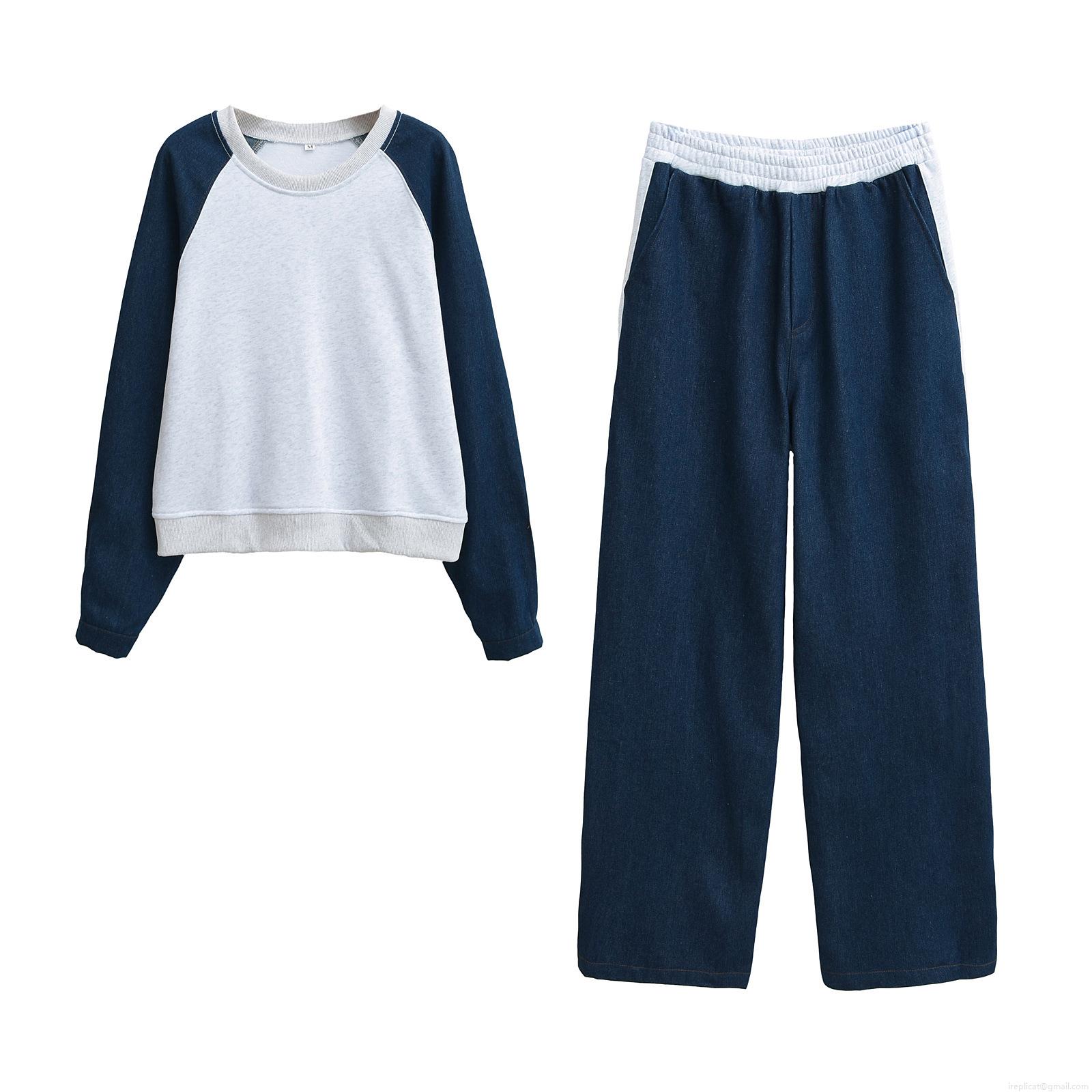 Women's Casual Autumn Two-Piece Set Denim Patchwork Long Sleeve Pullover Sweatshirt And Elastic Waist Wide Leg Pants Streetwear Outfits Women's Casual Autumn Two-Piece Set Denim Patchwork Long Sleeve Pullover Sweatshirt And Elastic Waist Wide Leg Pants Streetwear Outfits