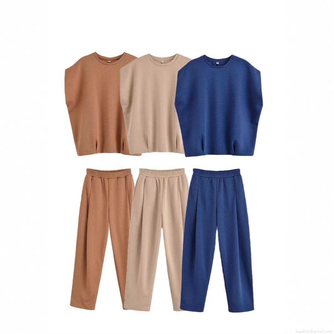 Women's Casual Sleeveless Round Neck T-Shirt And High Waist Straight Leg Pants Set Solid Color Polyester Streetwear Two Piece Outfits For Ladies Women's Casual Sleeveless Round Neck T-Shirt And High Waist Straight Leg Pants Set Solid Color Polyester Streetwear Two Piece Outfits For Ladies