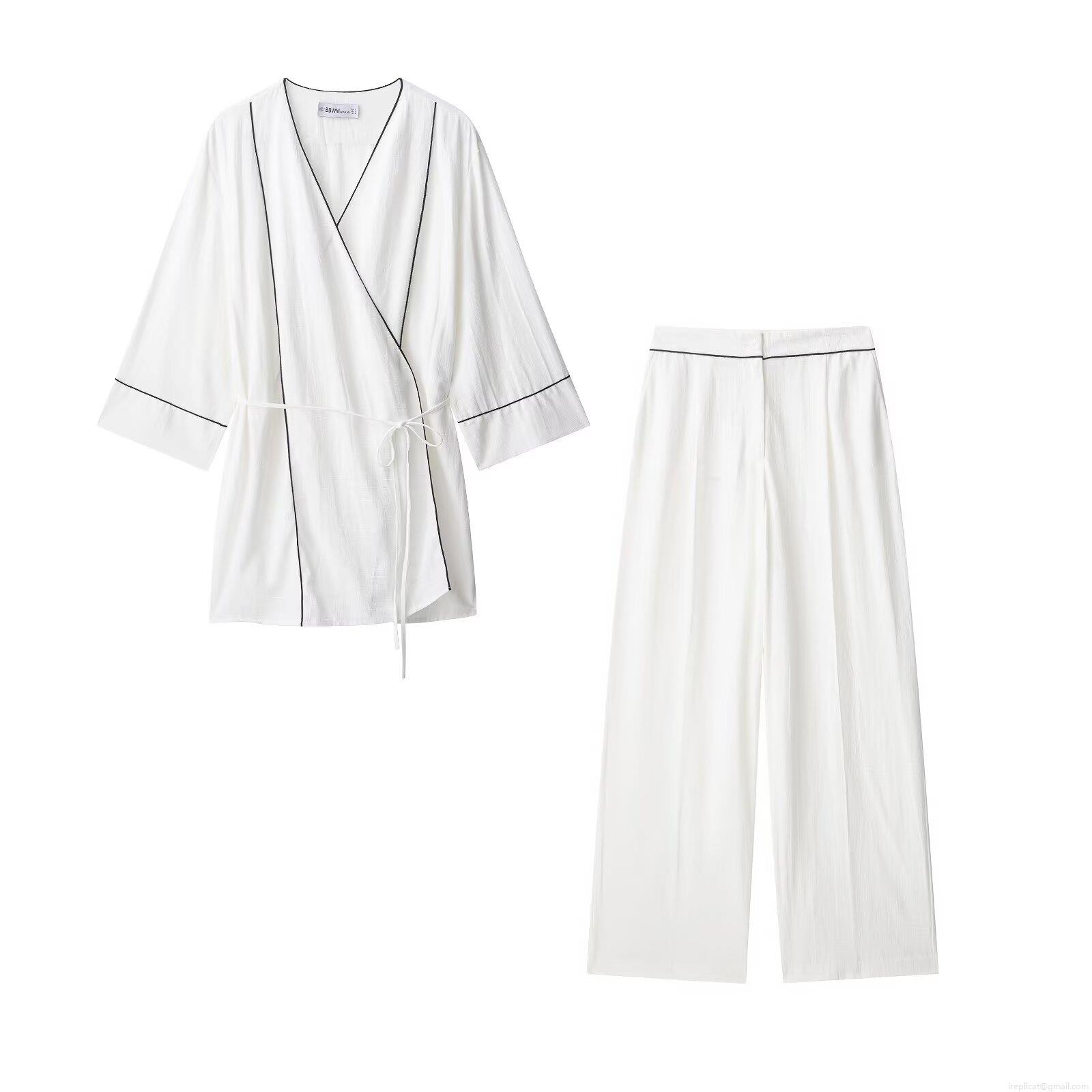 Women's Casual Two-Piece Set Polyester Contrast Piping Tie Wrap Top And Wide Leg Pants Streetwear Summer Lounge Outfit For Women Women's Casual Two-Piece Set Polyester Contrast Piping Tie Wrap Top And Wide Leg Pants Streetwear Summer Lounge Outfit For Women
