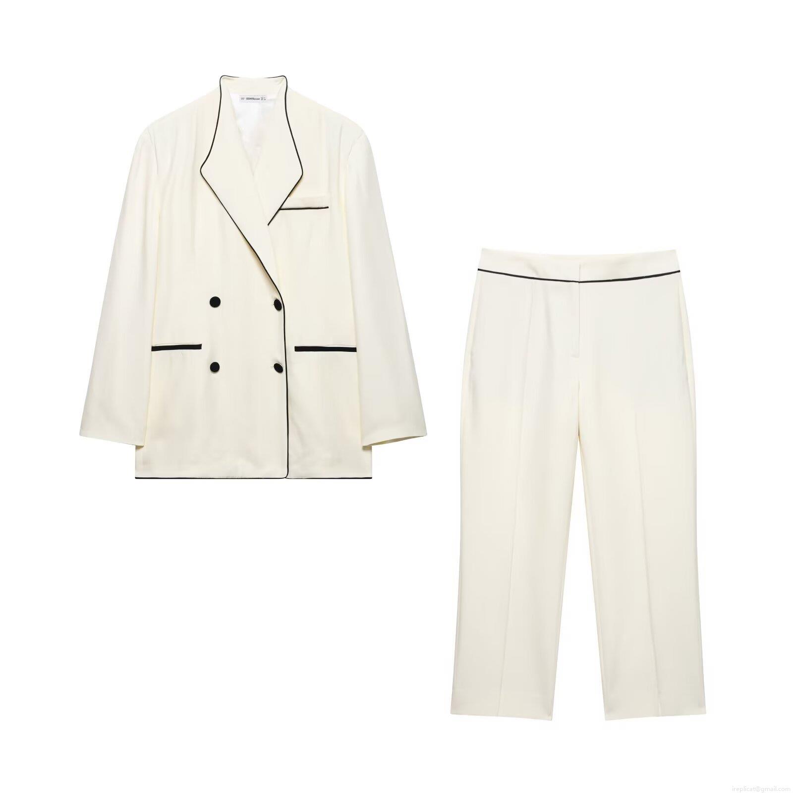 Elegant Women's Two Piece Suit Set Contrast Piping Double Breasted Blazer and Straight Leg Pants Office Commute Professional Outfit Polyester Streetwear Elegant Women's Two Piece Suit Set Contrast Piping Double Breasted Blazer and Straight Leg Pants Office Commute Professional Outfit Polyester Streetwear
