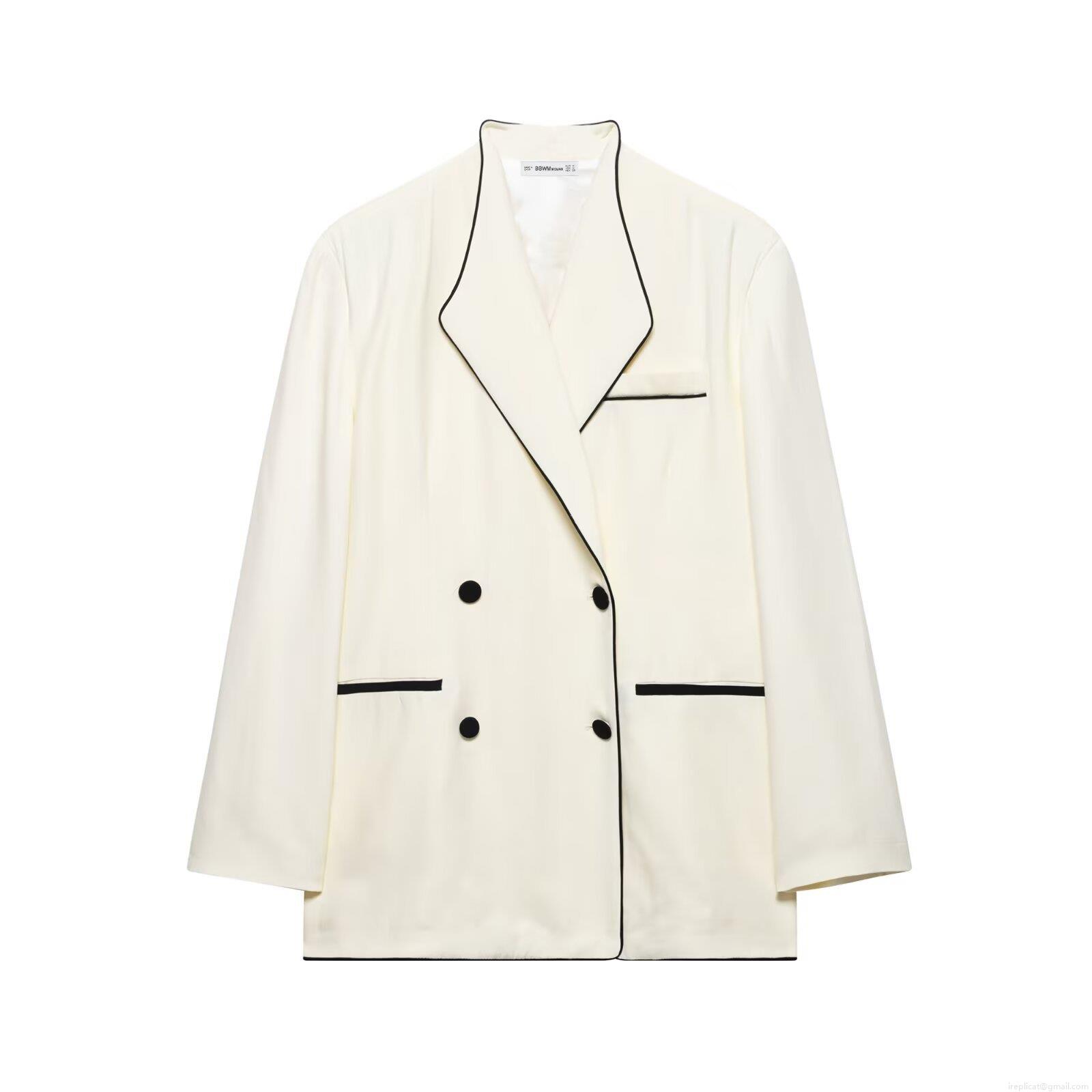 Elegant Women\'s Two Piece Suit Set Contrast Piping Double Breasted Blazer and Straight Leg Pants Office Commute Professional Outfit Polyester Streetwear