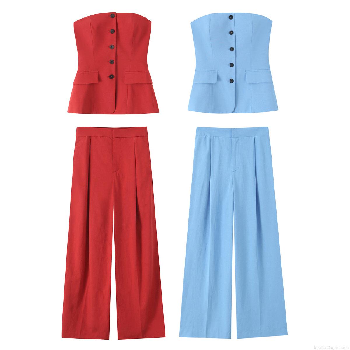 Women's Sexy Solid Two Piece Set Single-Breasted Tube Top and High Waist Wide Leg Pleated Pants Sleeveless Polyester Co-ords for Summer Party Streetwear Women's Sexy Solid Two Piece Set Single-Breasted Tube Top and High Waist Wide Leg Pleated Pants Sleeveless Polyester Co-ords for Summer Party Streetwear