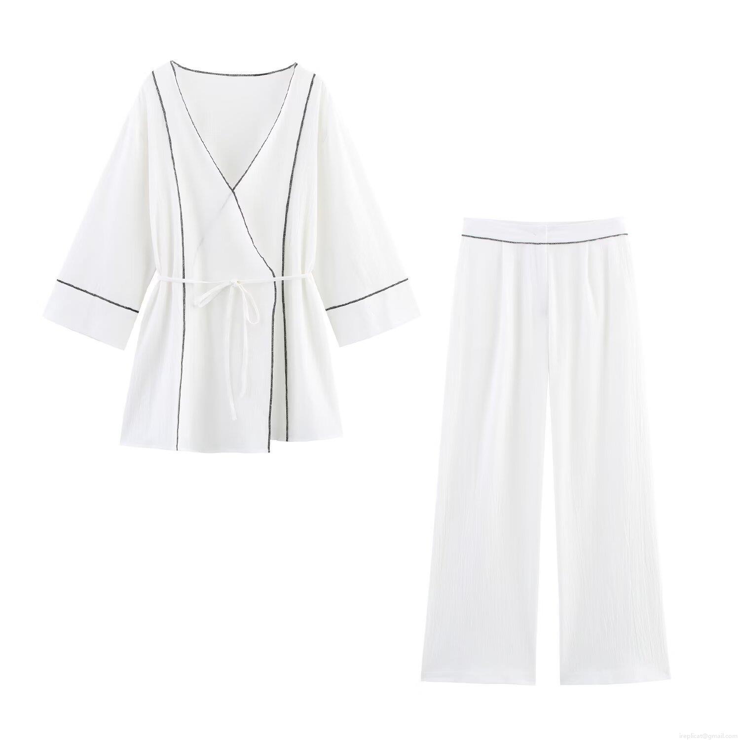 Women's Summer Casual Two Piece Set Polyester Solid White Contrast Piping Long Sleeve Tie Waist Jacket And Wide Leg Pants Streetwear Outfits For Women Women's Summer Casual Two Piece Set Polyester Solid White Contrast Piping Long Sleeve Tie Waist Jacket And Wide Leg Pants Streetwear Outfits For Women