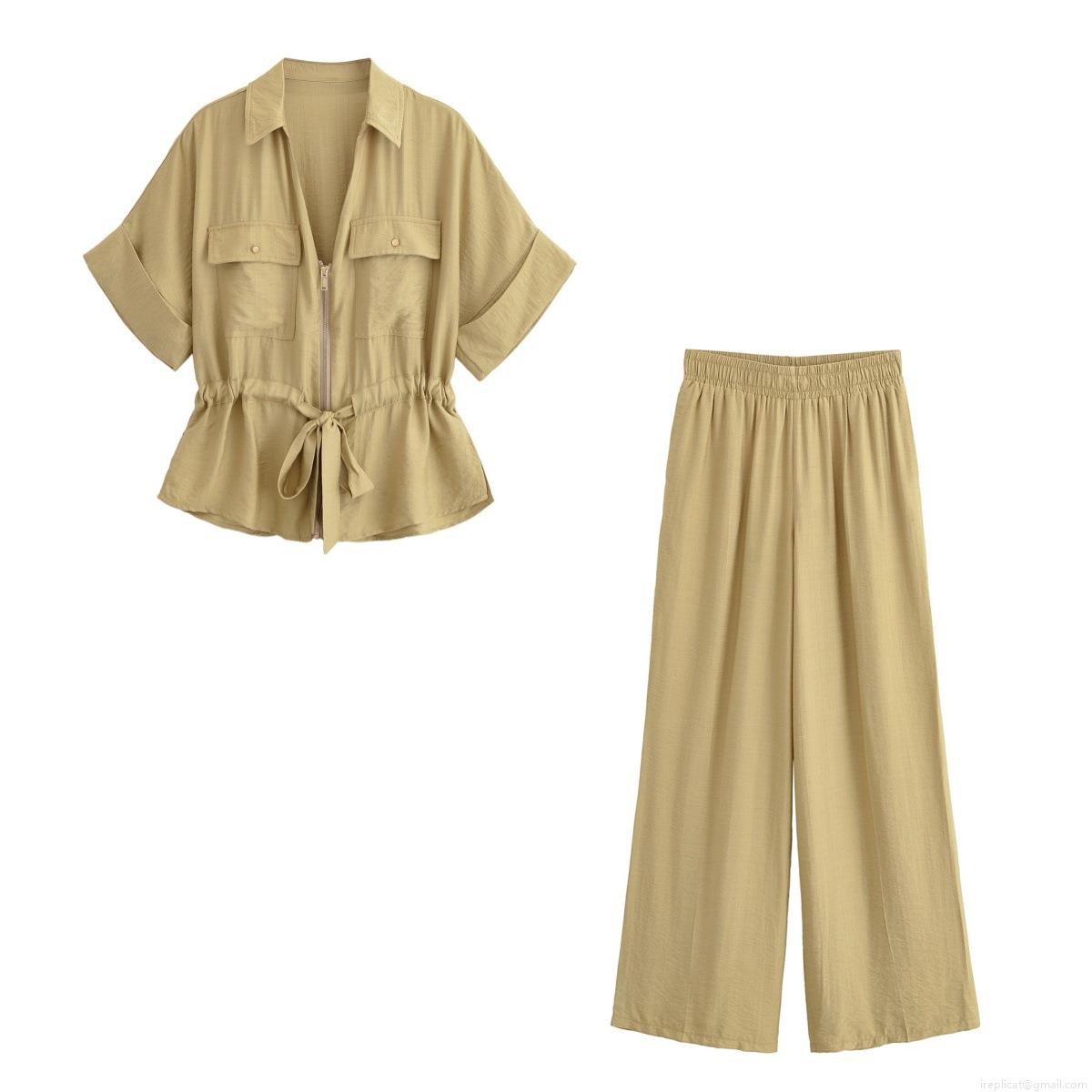 Women's Two Piece Set Casual Short Sleeve Zipper Shirt And High Waist Wide Leg Pants Polyester Linen Texture Summer Streetwear Outfits For Women Women's Two Piece Set Casual Short Sleeve Zipper Shirt And High Waist Wide Leg Pants Polyester Linen Texture Summer Streetwear Outfits For Women