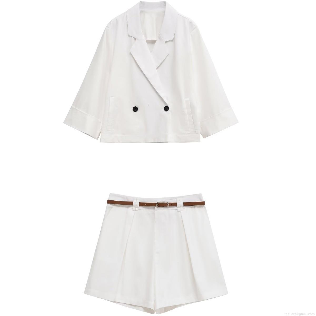 Women's 2-Piece Short Blazer Shorts Set Polyester Double Breasted Lapel Jacket High Waist Wide Leg Shorts With Belt Summer Casual Office Party Wear Solid Color Elegant Suit For Women Women's 2-Piece Short Blazer Shorts Set Polyester Double Breasted Lapel Jacket High Waist Wide Leg Shorts With Belt Summer Casual Office Party Wear Solid Color Elegant Suit For Women