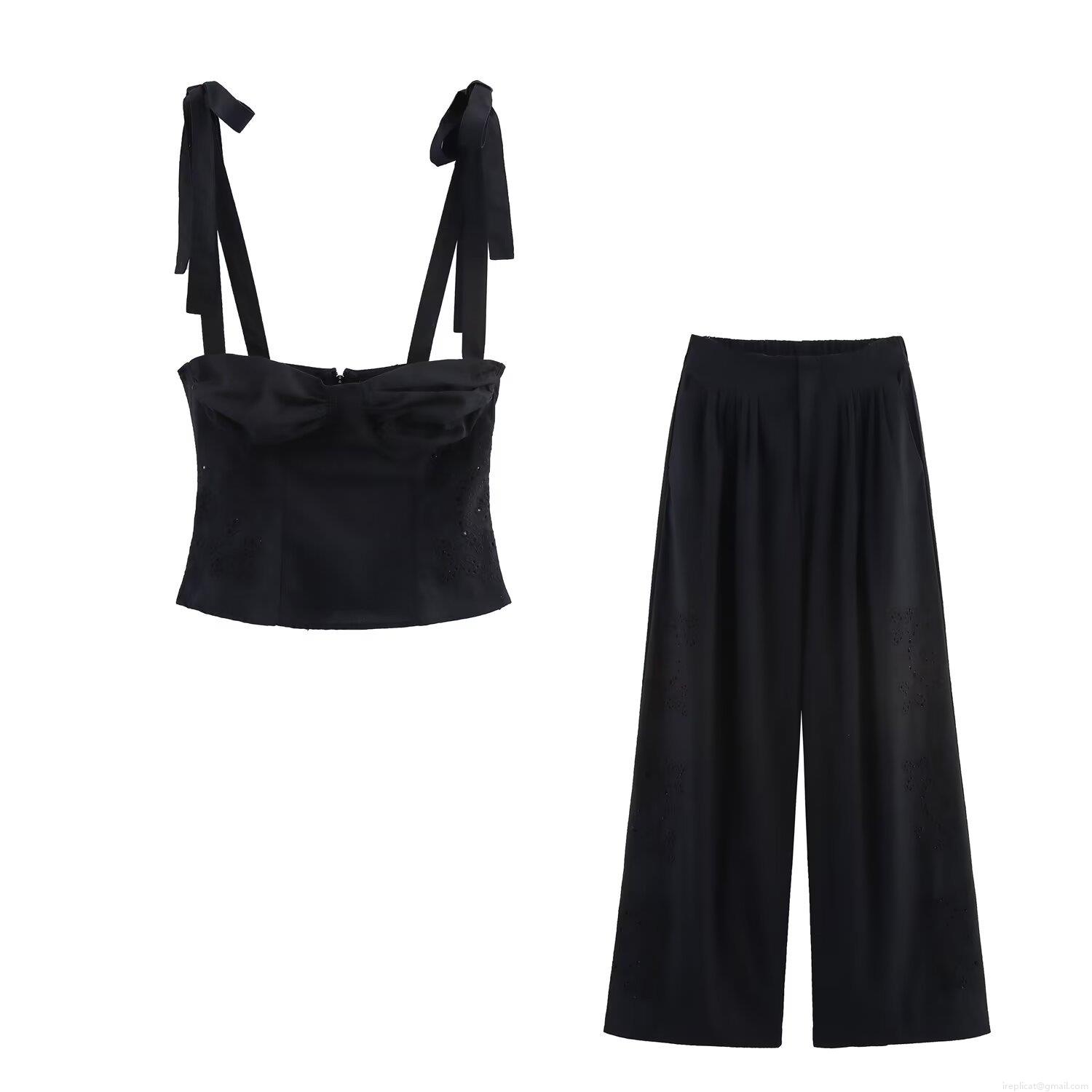 Women's Two Piece Set Cotton Blend Bow Shoulder Strap Crop Top And High Waist Wide Leg Pants Embroidered Eyelet Summer Casual Outfit For Party Women's Two Piece Set Cotton Blend Bow Shoulder Strap Crop Top And High Waist Wide Leg Pants Embroidered Eyelet Summer Casual Outfit For Party