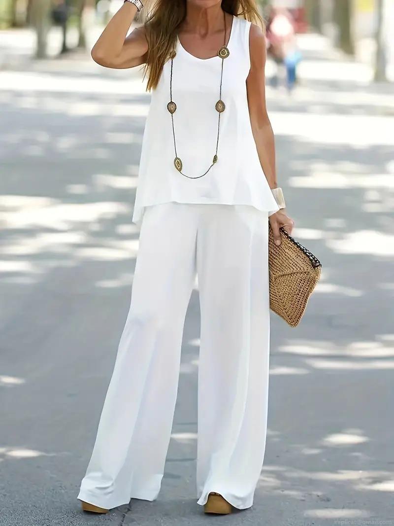 Women's Summer Casual Two Piece Set Sleeveless Round Neck Top And High Waist Wide Leg Pants Polyester Spandex Solid Color Elegant Vacation Lounge Outfit Women's Summer Casual Two Piece Set Sleeveless Round Neck Top And High Waist Wide Leg Pants Polyester Spandex Solid Color Elegant Vacation Lounge Outfit