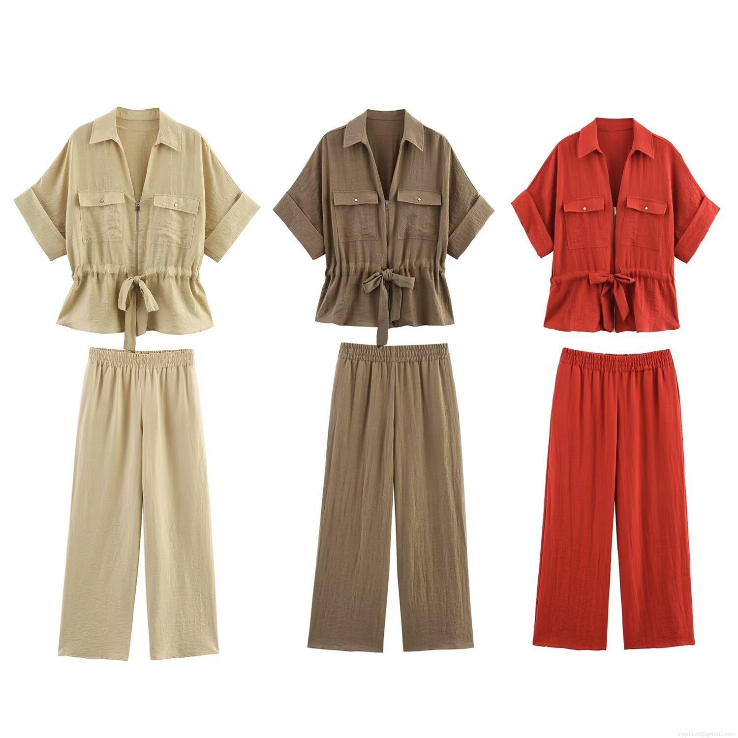 Women's Two Piece Linen Set Safari Style Short Sleeve Zip Up Shirt With Lace Up Waist And High Waist Wide Leg Pants Casual Solid Streetwear Outfits For Women Women's Two Piece Linen Set Safari Style Short Sleeve Zip Up Shirt With Lace Up Waist And High Waist Wide Leg Pants Casual Solid Streetwear Outfits For Women