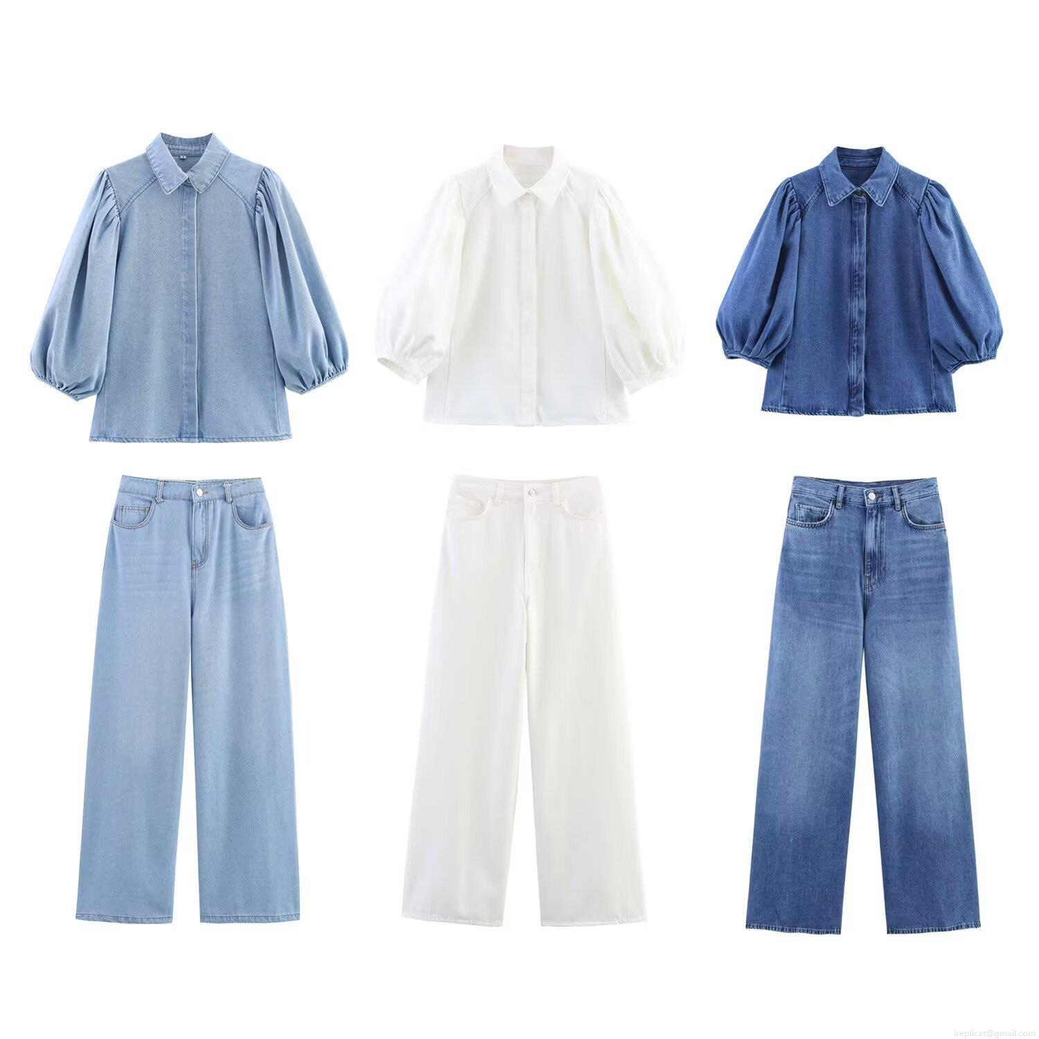 Women's Casual Denim Pants Set Two-Piece Puffy Sleeve Button Down Shirt and High Waist Wide Leg Jeans Streetwear Outfits for Women Autumn Fashion co-ords Women's Casual Denim Pants Set Two-Piece Puffy Sleeve Button Down Shirt and High Waist Wide Leg Jeans Streetwear Outfits for Women Autumn Fashion co-ords