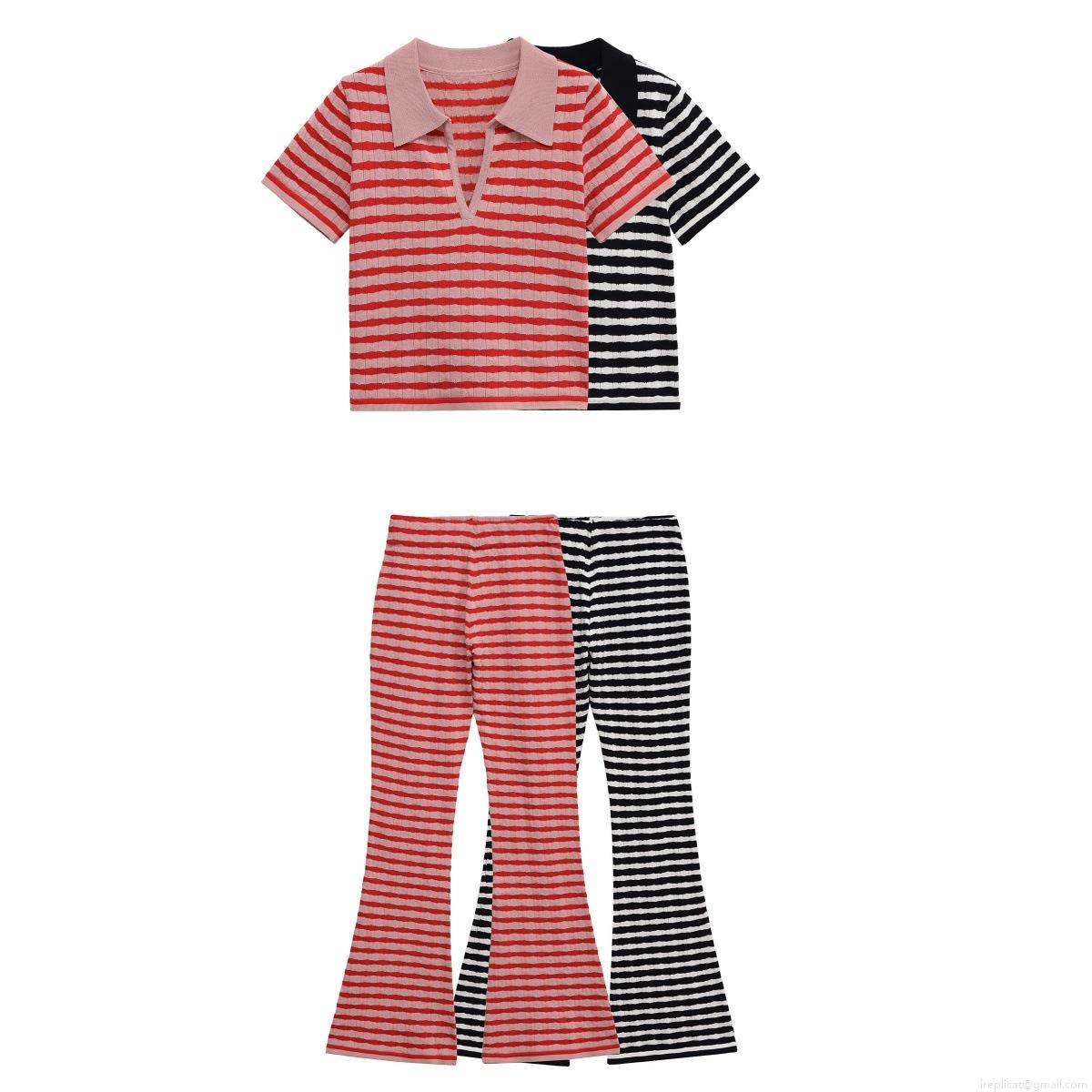 Women's Summer Striped Knit Two Piece Set Contrast Color Short Sleeve Polo Top And High Waist Flare Pants Casual Streetwear Tracksuit Women's Summer Striped Knit Two Piece Set Contrast Color Short Sleeve Polo Top And High Waist Flare Pants Casual Streetwear Tracksuit