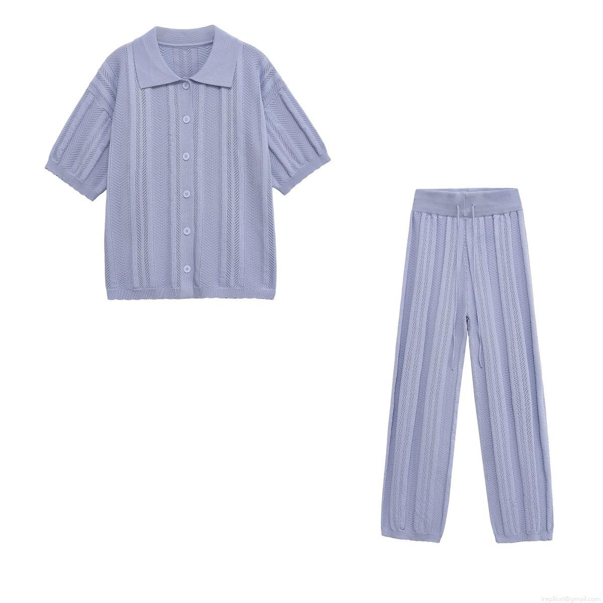 Women Short Sleeve Hollow Out Polo Neck Knit Top And Straight Leg Pants 2 Piece Set Casual Summer Lavender Purple Streetwear Sweatsuit Women Short Sleeve Hollow Out Polo Neck Knit Top And Straight Leg Pants 2 Piece Set Casual Summer Lavender Purple Streetwear Sweatsuit