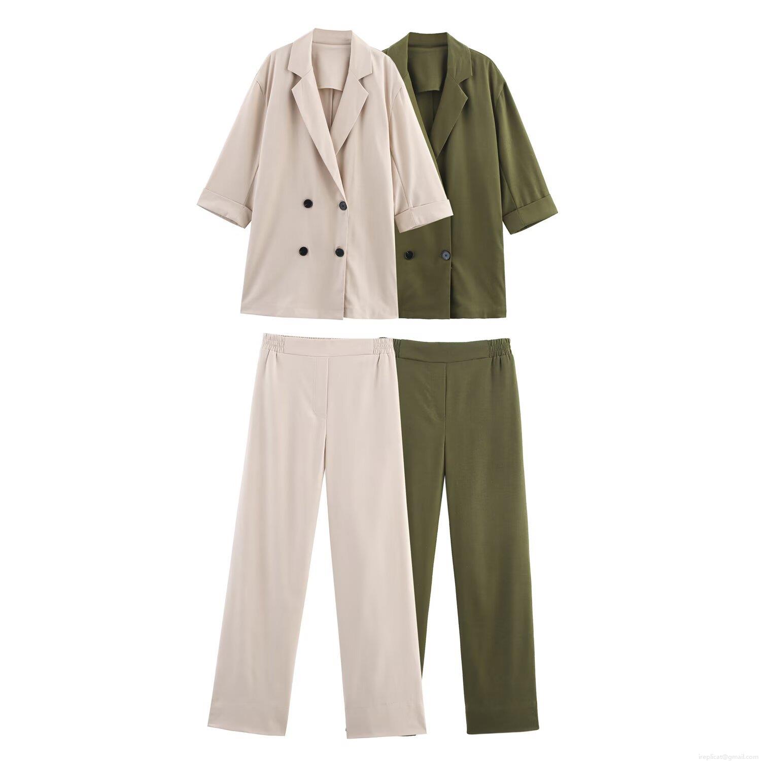 Women's 2-Piece Suit Set Double-Breasted Linen Texture Blazer And High Waist Straight Leg Pants Casual Streetwear Outfit For Autumn Women's 2-Piece Suit Set Double-Breasted Linen Texture Blazer And High Waist Straight Leg Pants Casual Streetwear Outfit For Autumn