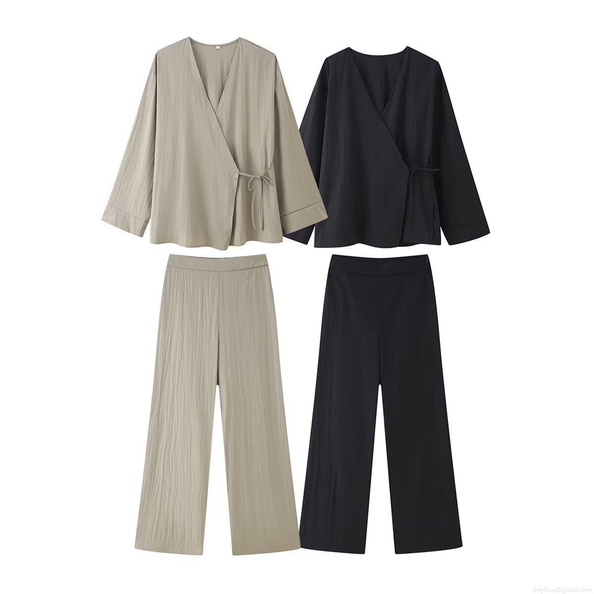 Women's 2-Piece Outfit Set Kimono Style V-Neck Tie Front Long Sleeve Top and Wide Leg Pants Casual Streetwear Plisse Textured Lounge Set For Women Summer Tracksuit Women's 2-Piece Outfit Set Kimono Style V-Neck Tie Front Long Sleeve Top and Wide Leg Pants Casual Streetwear Plisse Textured Lounge Set For Women Summer Tracksuit