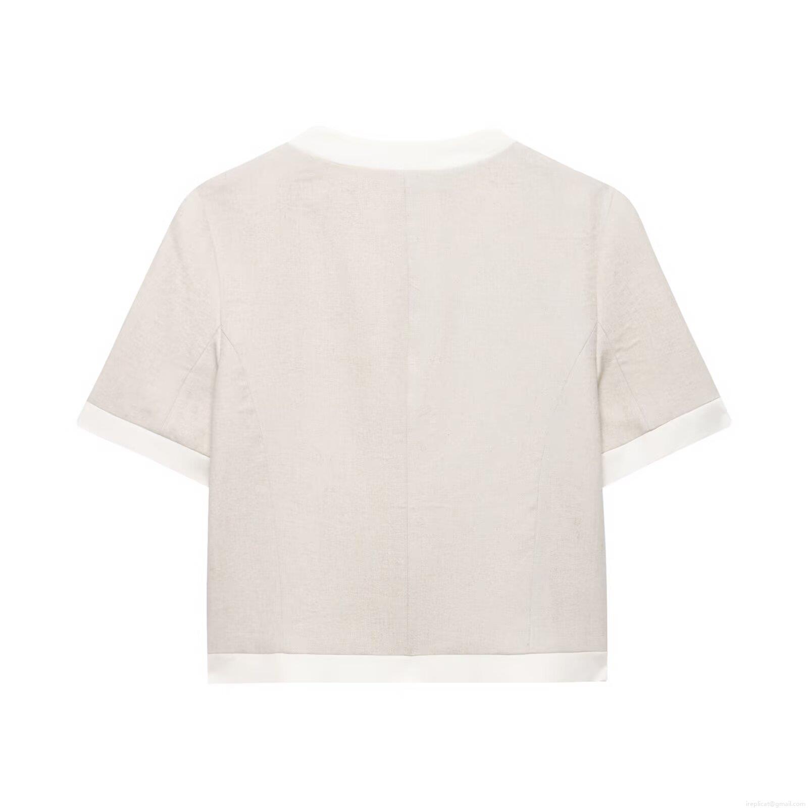 Women\'s 2-Piece Casual Set Short Sleeve Crop Blazer Top And High Waist Wide Leg Trousers Minimalist Oat Beige Linen Texture Outfits With Contrast Trim