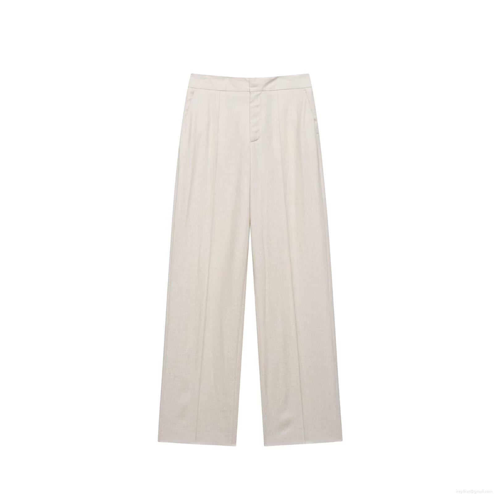 Women\'s 2-Piece Casual Set Short Sleeve Crop Blazer Top And High Waist Wide Leg Trousers Minimalist Oat Beige Linen Texture Outfits With Contrast Trim