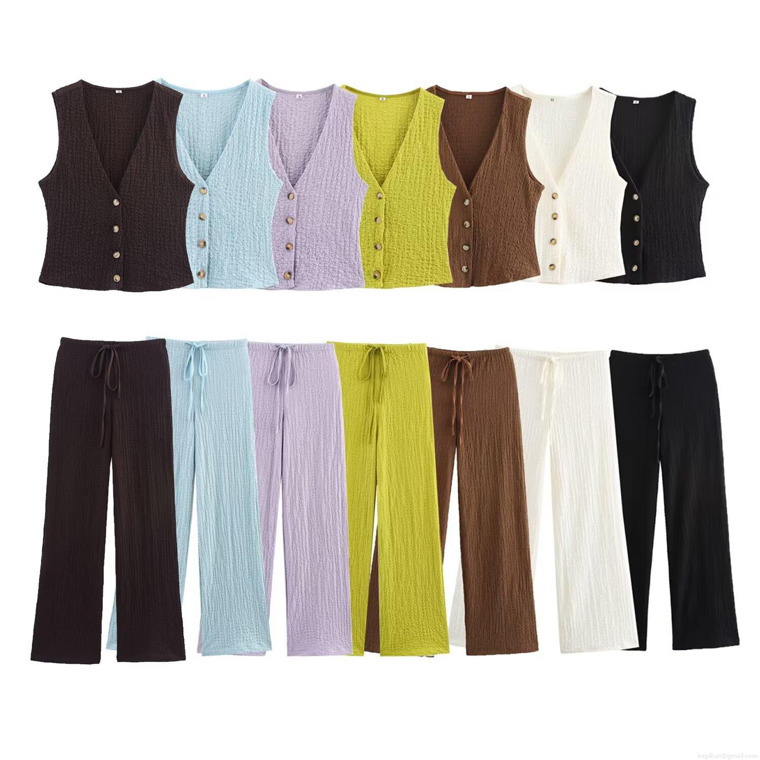 Women's 2-Piece Outfit Set V-Neck Button Down Vest And Drawstring Wide Leg Pants Summer Casual Seersucker Textured Sleeveless Suit For Women Women's 2-Piece Outfit Set V-Neck Button Down Vest And Drawstring Wide Leg Pants Summer Casual Seersucker Textured Sleeveless Suit For Women