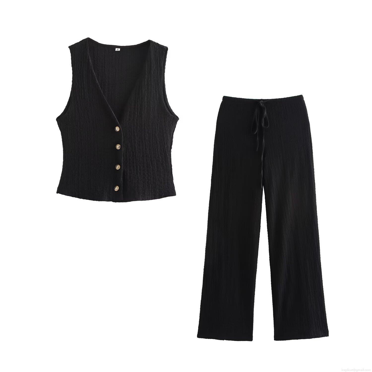 Women\'s 2-Piece Outfit Set V-Neck Button Down Vest And Drawstring Wide Leg Pants Summer Casual Seersucker Textured Sleeveless Suit For Women