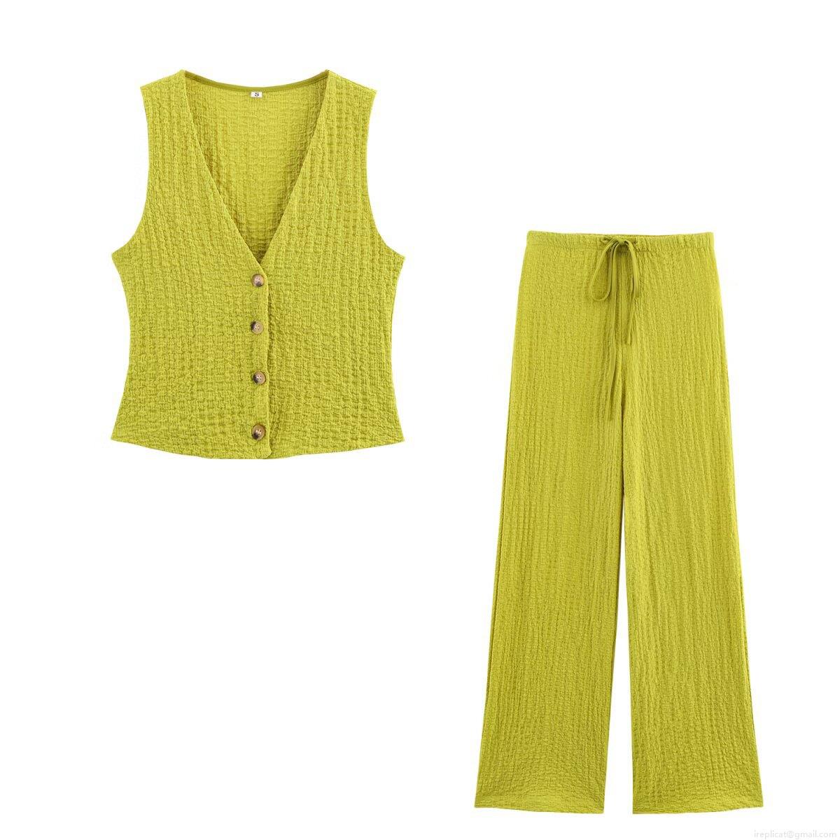 Women\'s 2-Piece Outfit Set V-Neck Button Down Vest And Drawstring Wide Leg Pants Summer Casual Seersucker Textured Sleeveless Suit For Women