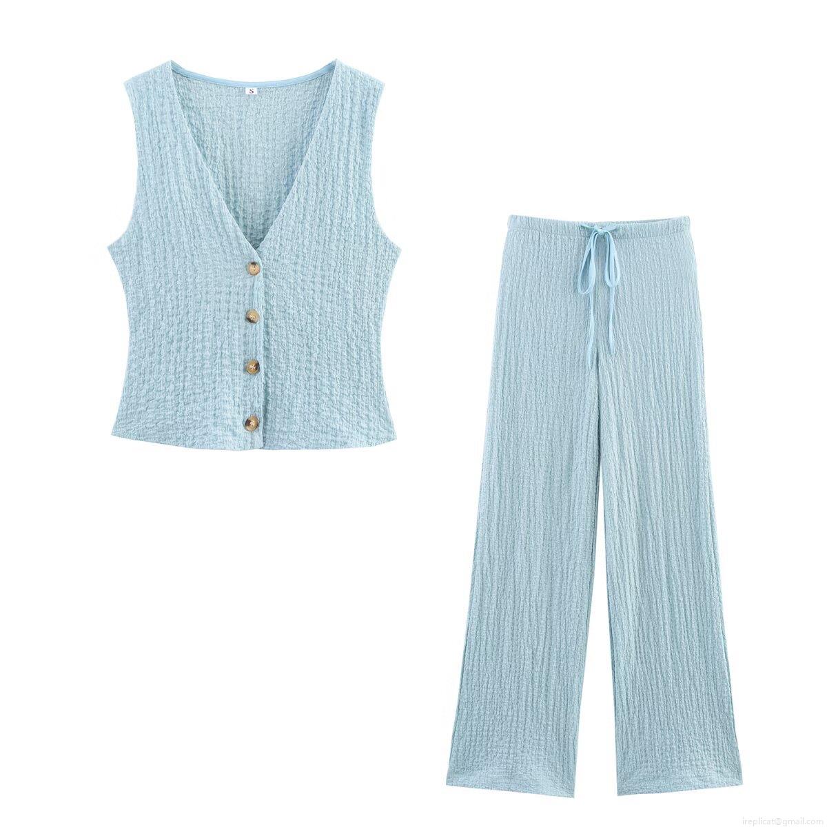Women\'s 2-Piece Outfit Set V-Neck Button Down Vest And Drawstring Wide Leg Pants Summer Casual Seersucker Textured Sleeveless Suit For Women