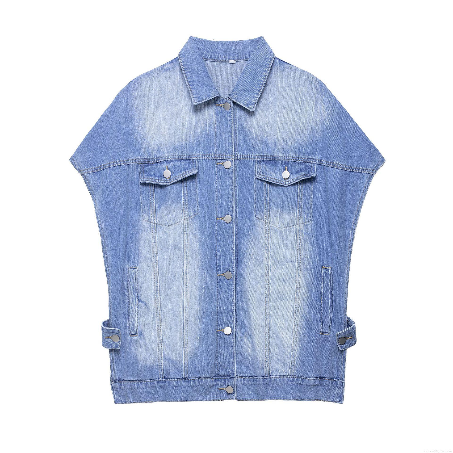 Women\'s Casual Denim Vest And Hollow Out Jeans 2 Piece Set Summer Western Style Light Blue Washed Sleeveless Waistcoat And High Waist Wide Leg Denim Pants Outfit Streetwear Co-ord Suit