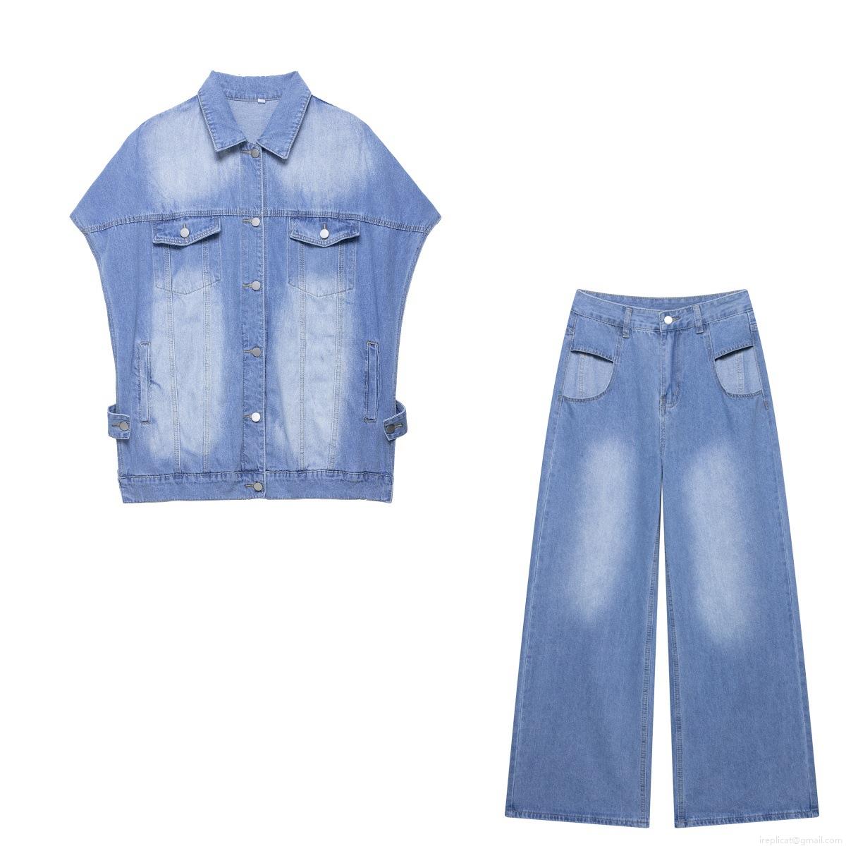 Women\'s Casual Denim Vest And Hollow Out Jeans 2 Piece Set Summer Western Style Light Blue Washed Sleeveless Waistcoat And High Waist Wide Leg Denim Pants Outfit Streetwear Co-ord Suit