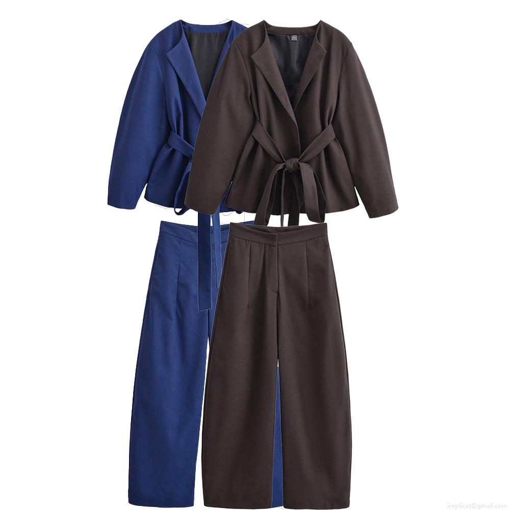 Women Kimono Style Blazer And Wide Leg Pants Set 100% Polyester High Waist Tie Up Belted Casual Suit Streetwear Two Piece Outfit For Ladies Autumn Fashion Women Kimono Style Blazer And Wide Leg Pants Set 100% Polyester High Waist Tie Up Belted Casual Suit Streetwear Two Piece Outfit For Ladies Autumn Fashion