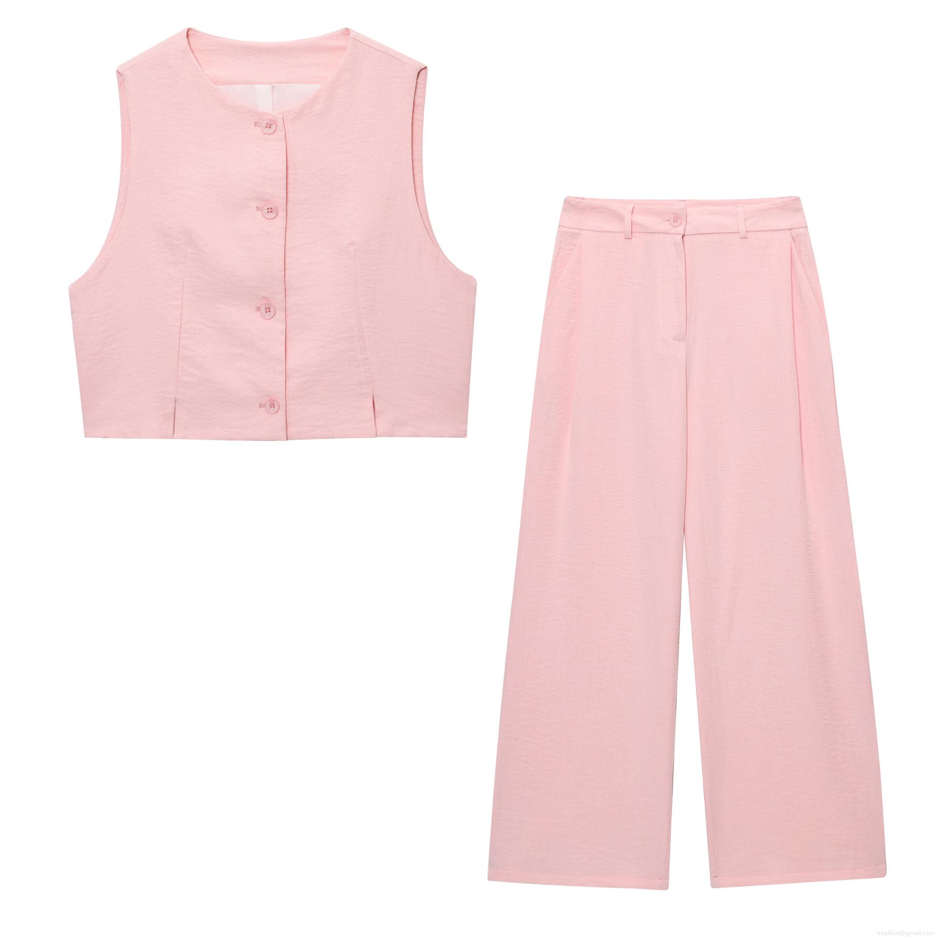 Women's 2-Piece Summer Set Sleeveless Button Short Vest And High Waist Wide Leg Pants European Streetwear Solid Pink Polyester Outfit Women's 2-Piece Summer Set Sleeveless Button Short Vest And High Waist Wide Leg Pants European Streetwear Solid Pink Polyester Outfit