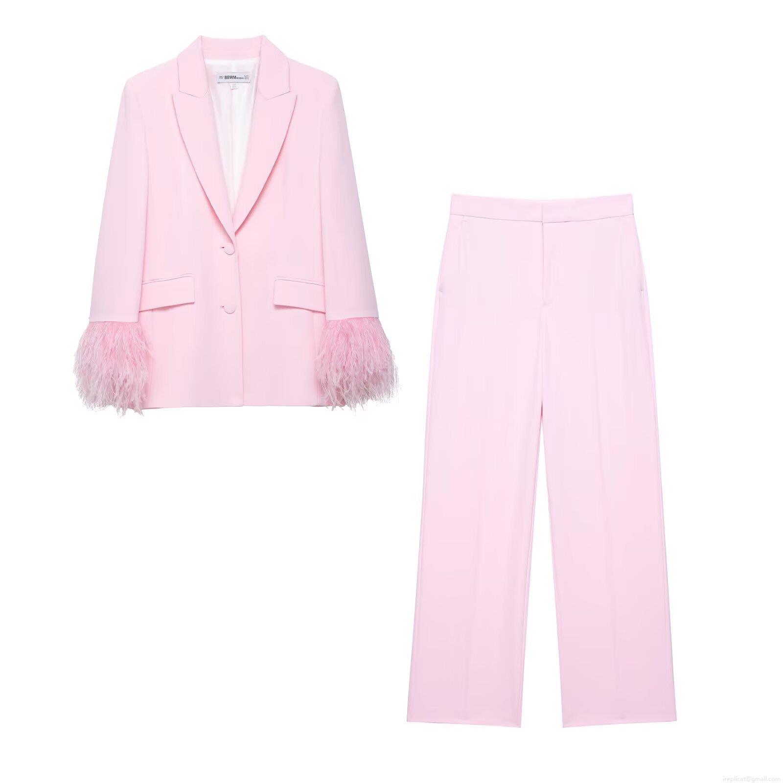 Elegant Women Pink Blazer and Pants Set Luxury Feather Cuff Long Sleeve Suit High Waist Wide Leg Trousers Two Piece Outfits For Party Office Lady Streetwear Elegant Women Pink Blazer and Pants Set Luxury Feather Cuff Long Sleeve Suit High Waist Wide Leg Trousers Two Piece Outfits For Party Office Lady Streetwear