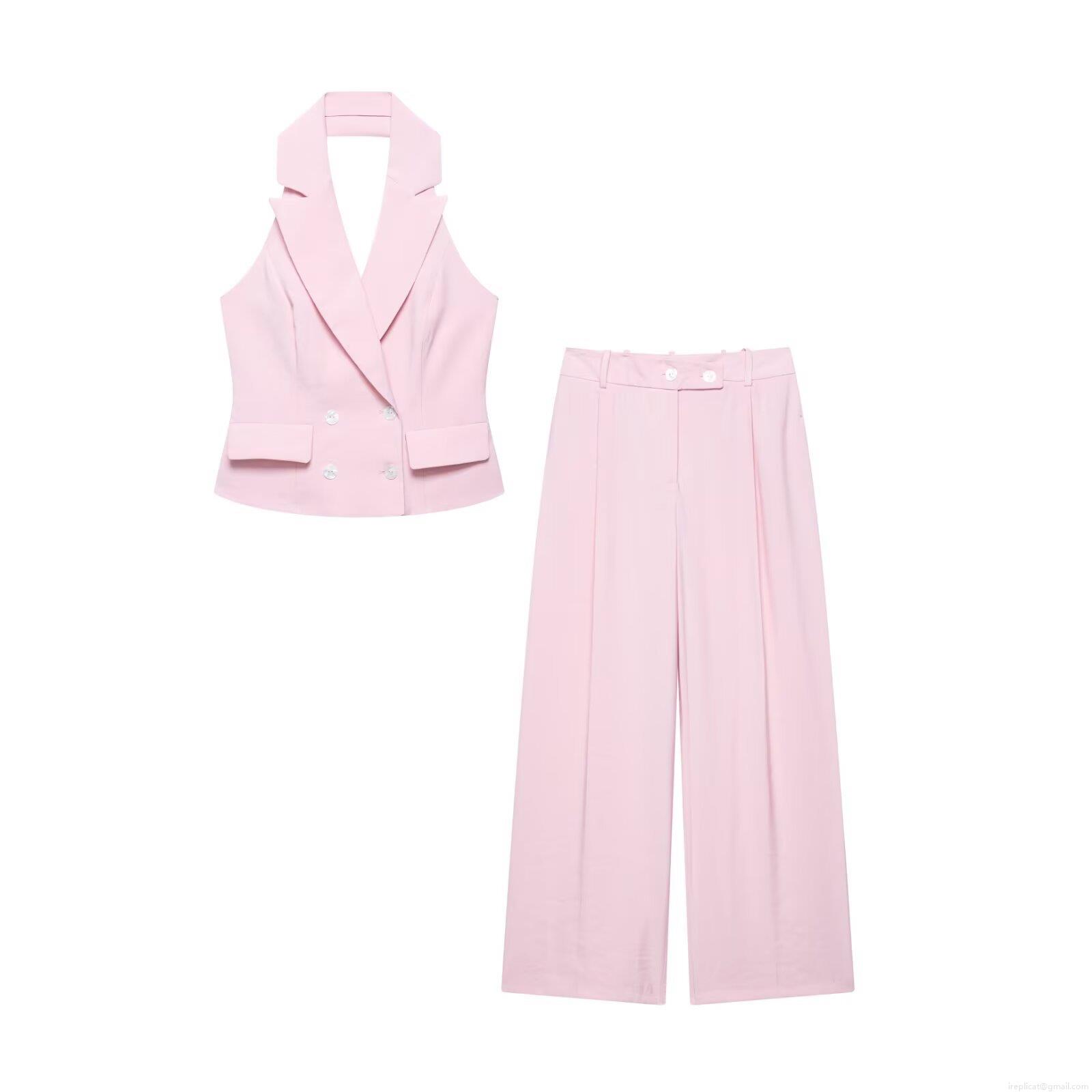 Women's 2 Piece Outfits 100% Polyester Halter Neck Double Breasted Top And High Waist Wide Leg Pants Casual Office Streetwear Summer Set