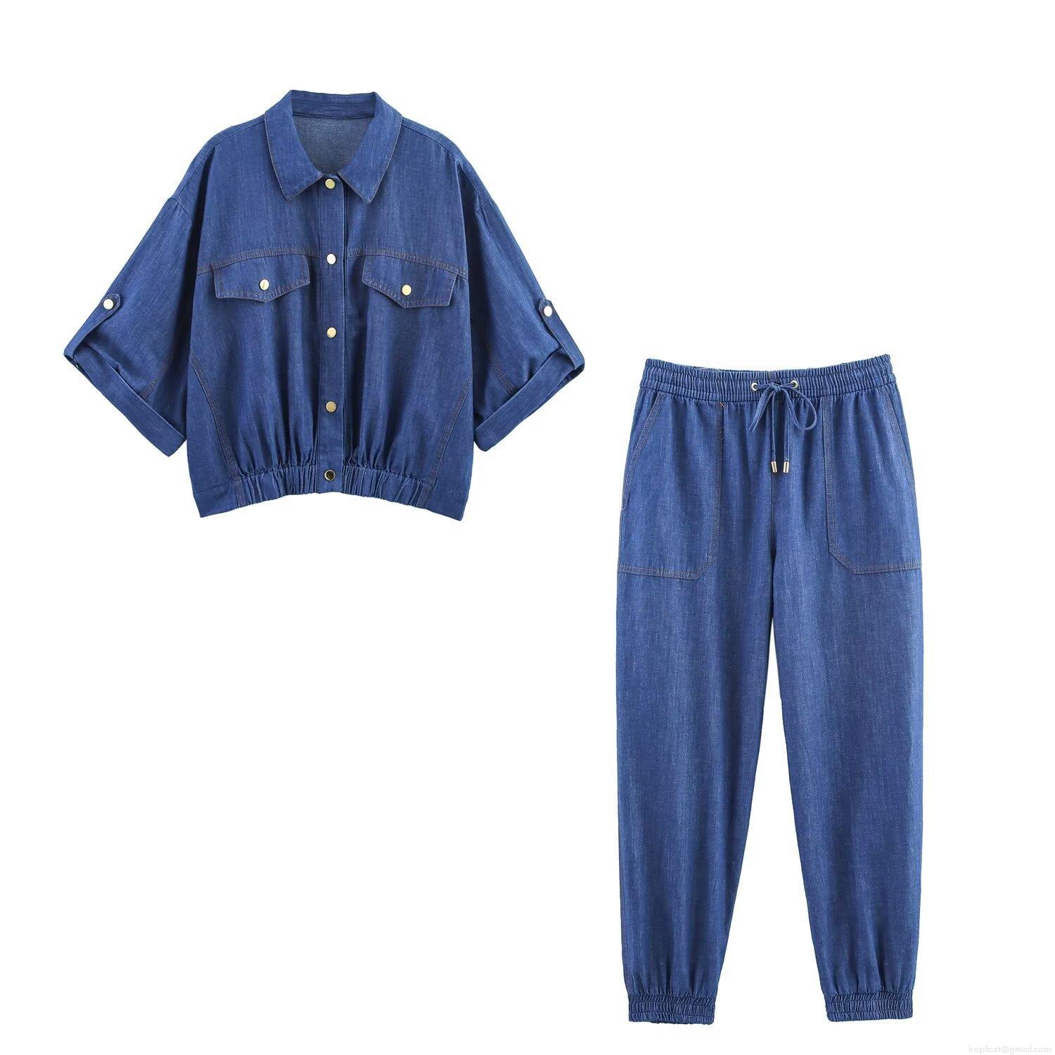 Women's Two Piece Denim Set Short Sleeve Lapel Jacket With Metal Buttons And High Waist Drawstring Jogger Pants Streetwear Casual Outfits Women's Two Piece Denim Set Short Sleeve Lapel Jacket With Metal Buttons And High Waist Drawstring Jogger Pants Streetwear Casual Outfits
