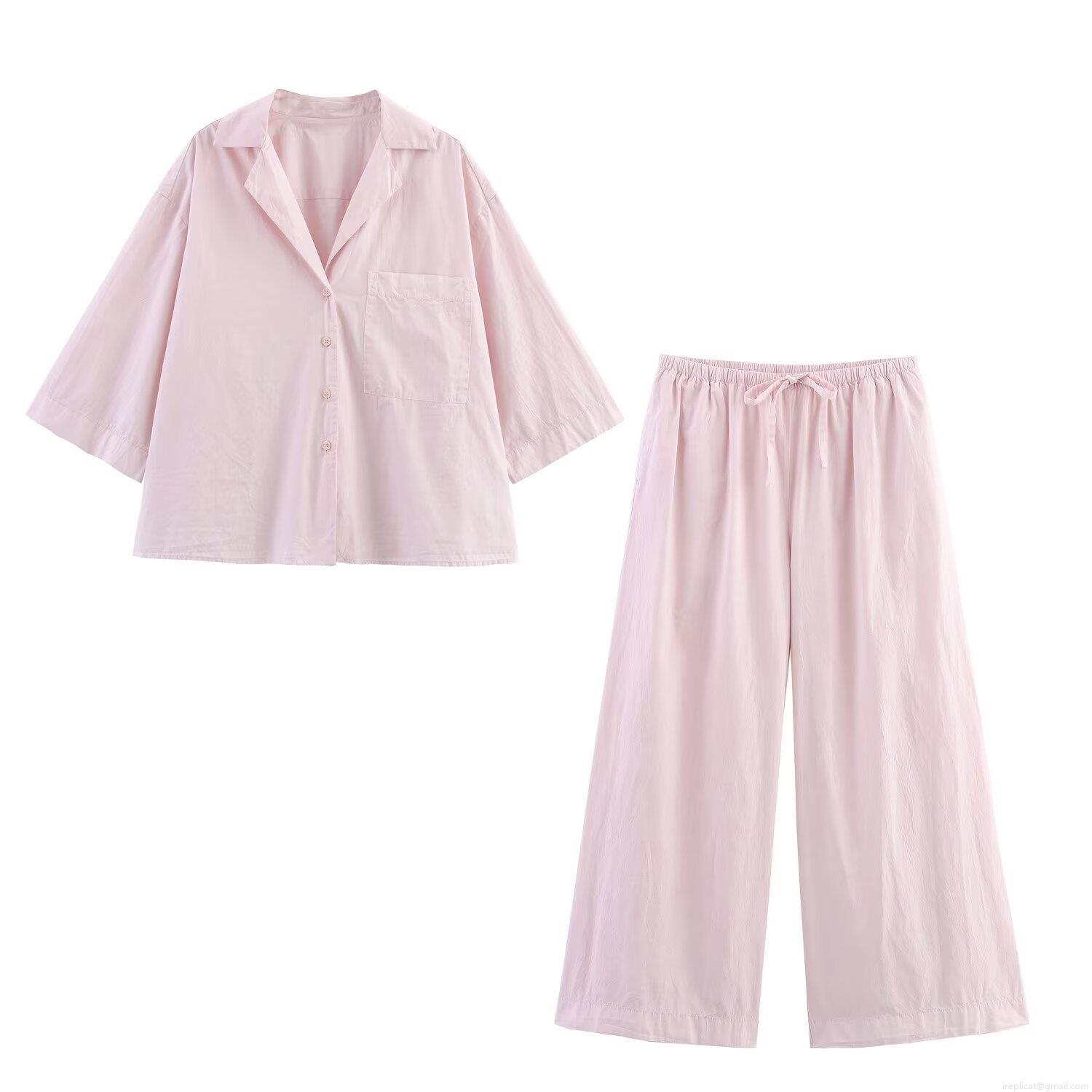 Women Summer Short Sleeve Shirt And Wide Leg Pants Two Piece Set Casual Loose Polyester Co-ords Pink Streetwear Outfit For Vacation Women Summer Short Sleeve Shirt And Wide Leg Pants Two Piece Set Casual Loose Polyester Co-ords Pink Streetwear Outfit For Vacation