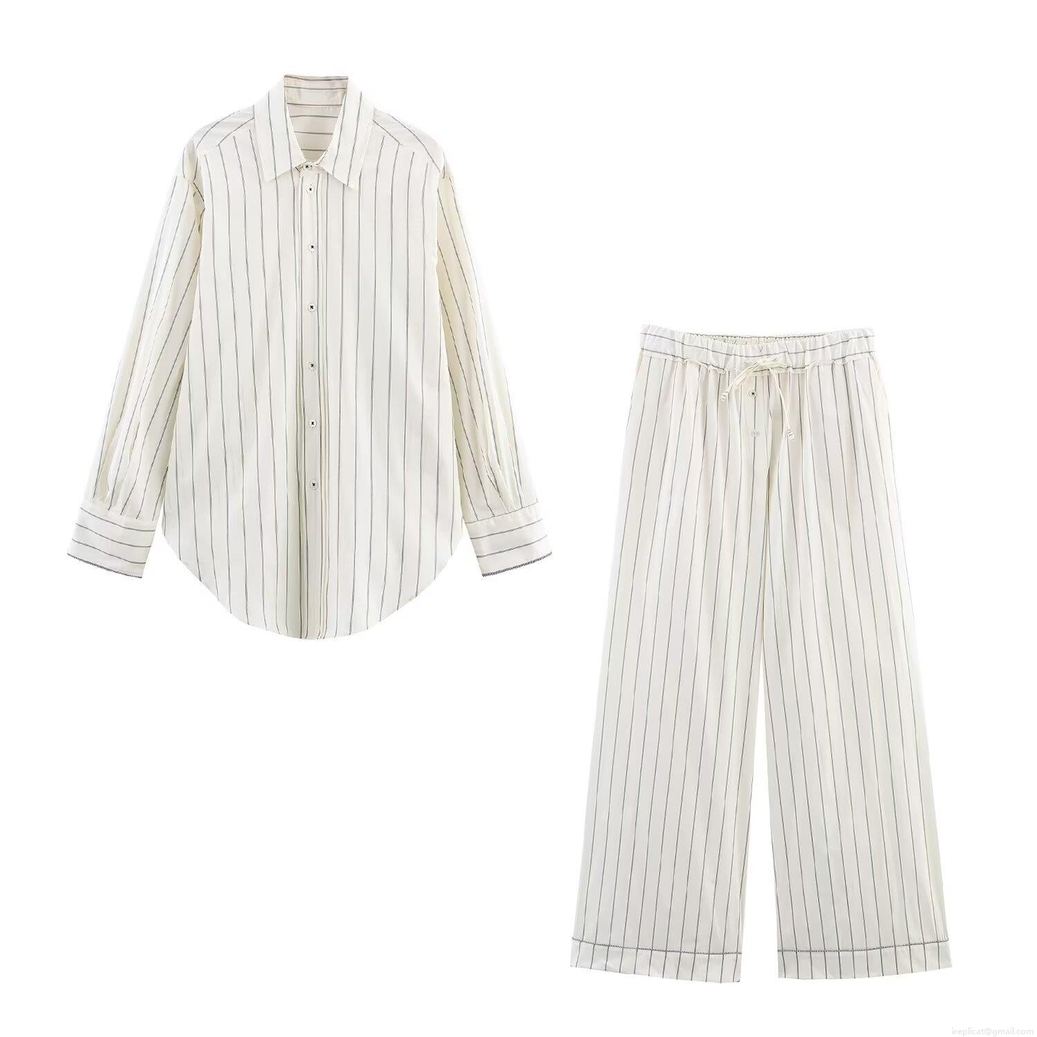 Women's Casual Striped Two Piece Set Polyester Long Sleeve Button Down Shirt And Drawstring Wide Leg Pants Suits Breathable Streetwear Loungewear For Women Women's Casual Striped Two Piece Set Polyester Long Sleeve Button Down Shirt And Drawstring Wide Leg Pants Suits Breathable Streetwear Loungewear For Women