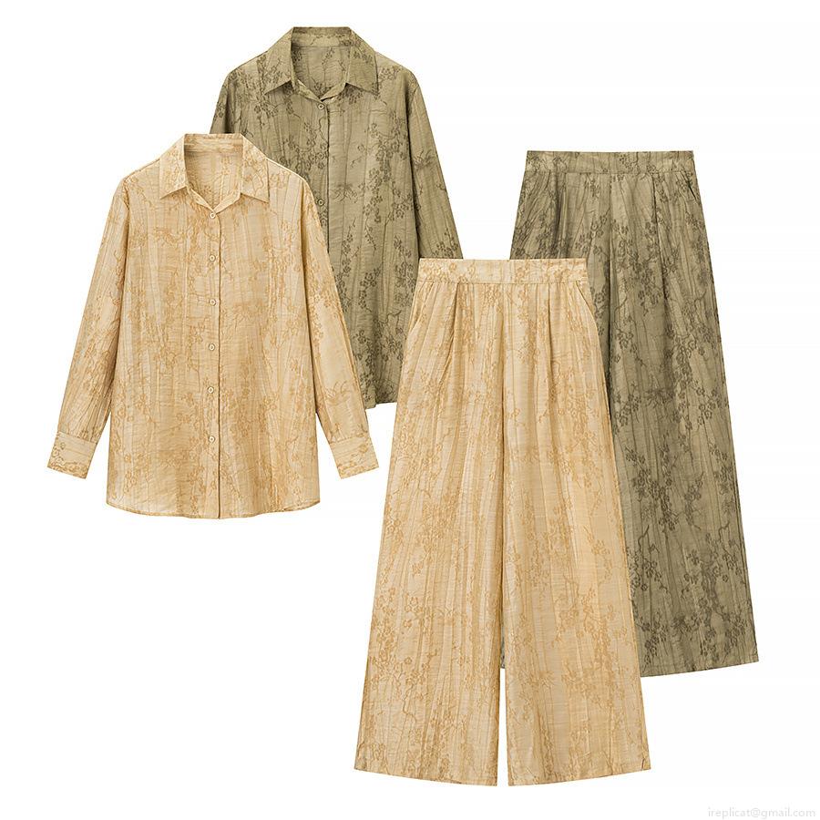 Women 2 Piece Pants Set Floral Jacquard Polyester Long Sleeve Button Down Shirt Wide Leg Trousers Casual Outfit Set Vintage Streetwear Suits Women 2 Piece Pants Set Floral Jacquard Polyester Long Sleeve Button Down Shirt Wide Leg Trousers Casual Outfit Set Vintage Streetwear Suits