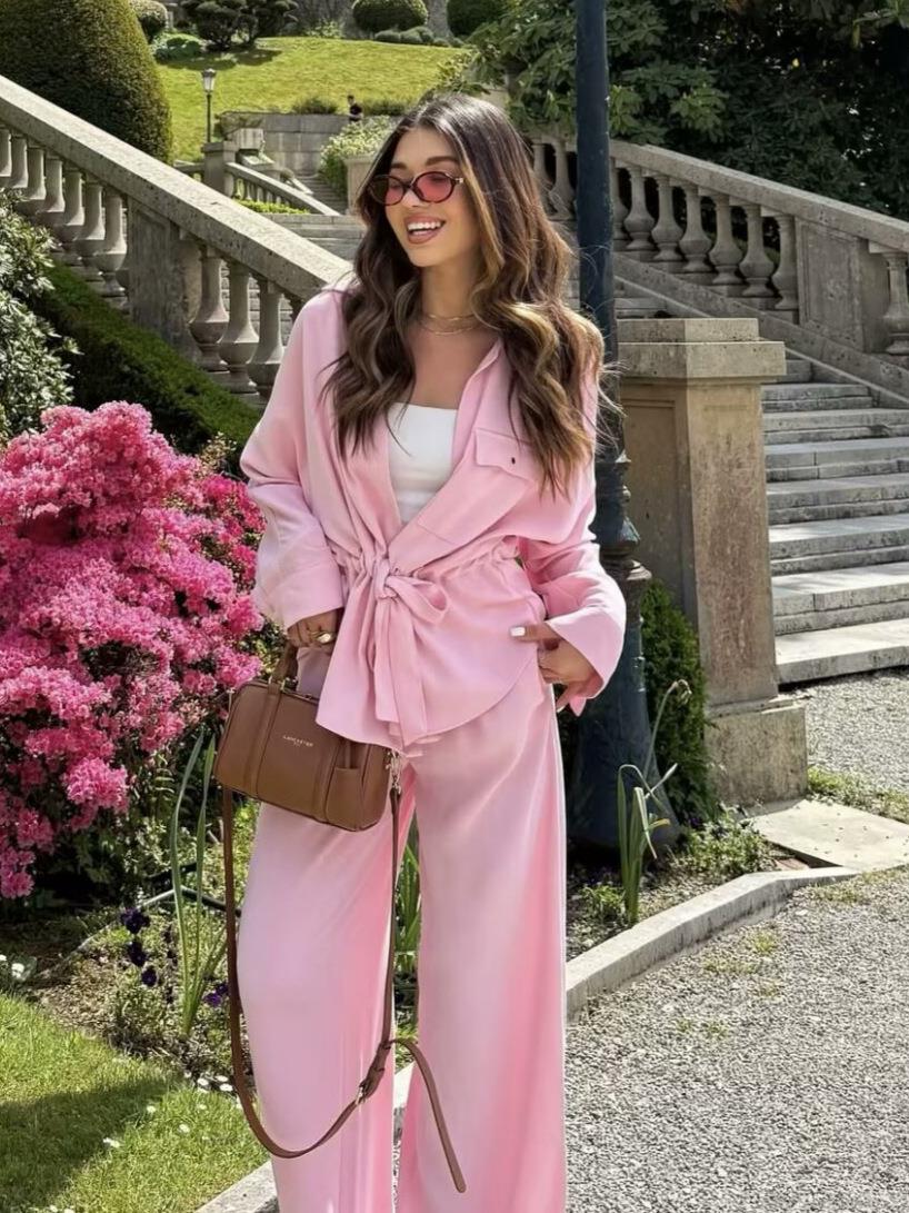 Women's 2 Piece Outfits Casual Long Sleeve Button Down Shirt and High Waist Wide Leg Pants Set Summer Solid Color Streetwear Set for Women Women's 2 Piece Outfits Casual Long Sleeve Button Down Shirt and High Waist Wide Leg Pants Set Summer Solid Color Streetwear Set for Women