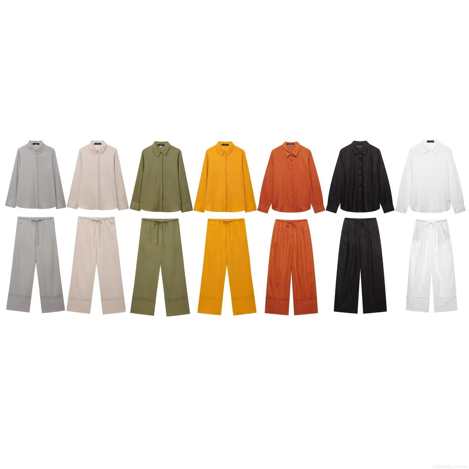 Women's Two Piece Set Outfits Solid Color Long Sleeve Button Down Shirt And High Waist Drawstring Wide Leg Pants Casual Minimalist Streetwear Clothing Women's Two Piece Set Outfits Solid Color Long Sleeve Button Down Shirt And High Waist Drawstring Wide Leg Pants Casual Minimalist Streetwear Clothing
