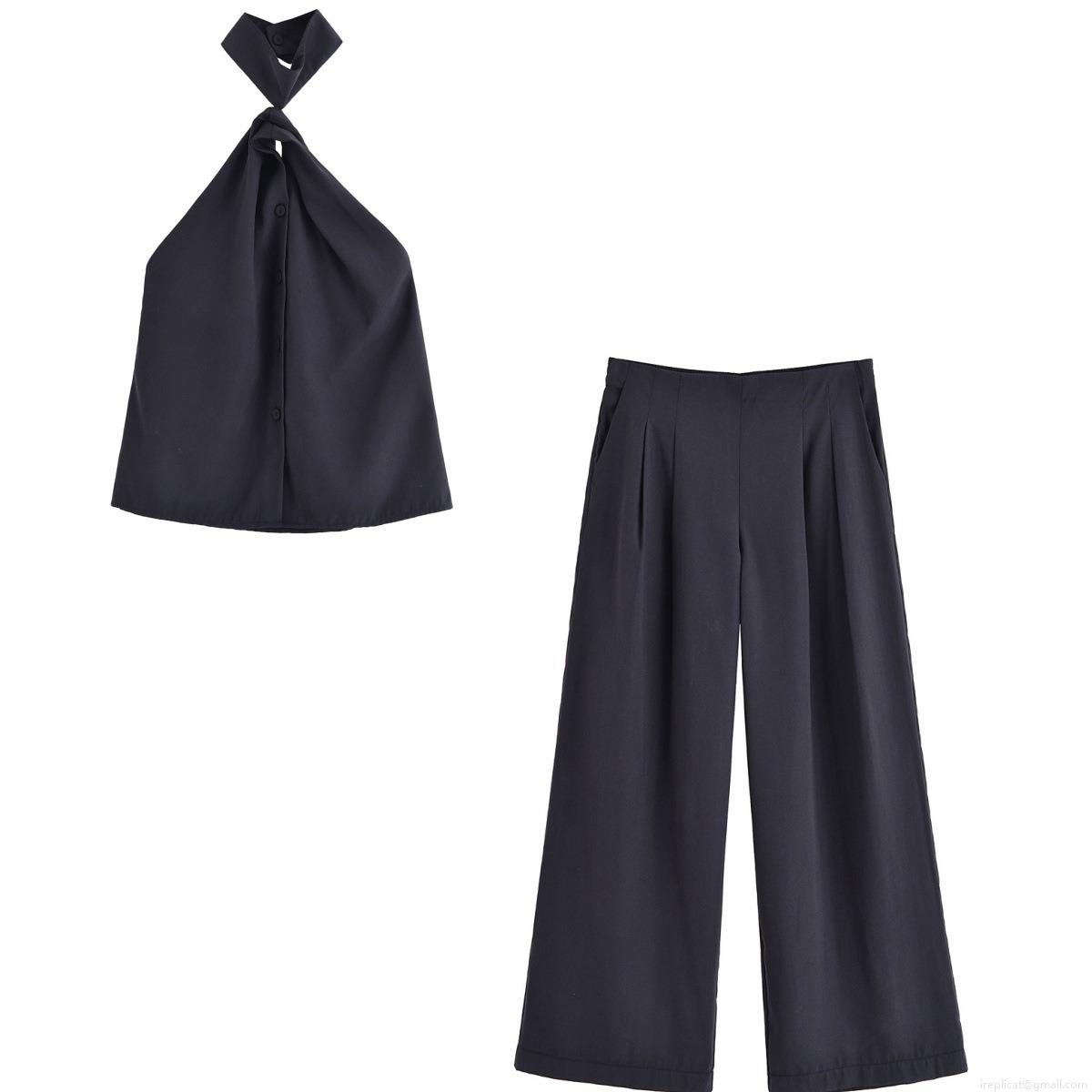 Women's 2 Piece Outfits Halter Backless Button Vest Top and High Waist Pleated Wide Leg Pants Casual Suit Streetwear Summer Matching Set for Women Women's 2 Piece Outfits Halter Backless Button Vest Top and High Waist Pleated Wide Leg Pants Casual Suit Streetwear Summer Matching Set for Women