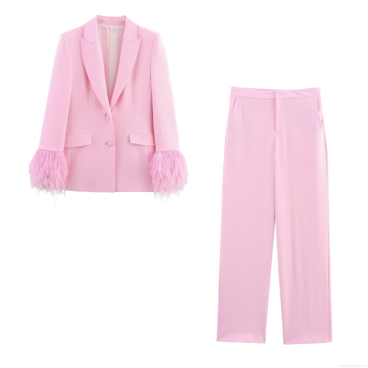Women Elegant Pink Blazer And Pants 2 Piece Set With Feather Cuffs Long Sleeve Button Blazer High Waist Straight Wide Leg Trousers For Party Wedding Celebration Chic Formal Outfits Women Elegant Pink Blazer And Pants 2 Piece Set With Feather Cuffs Long Sleeve Button Blazer High Waist Straight Wide Leg Trousers For Party Wedding Celebration Chic Formal Outfits