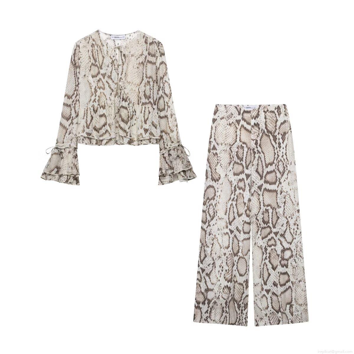Women's Snakeskin Print 2 Piece Set Polyester Long Sleeve Flare Cuff V-Neck Tie-Up Shirt and Wide Leg High Waist Pants Suit Casual Streetwear Outfits Women's Snakeskin Print 2 Piece Set Polyester Long Sleeve Flare Cuff V-Neck Tie-Up Shirt and Wide Leg High Waist Pants Suit Casual Streetwear Outfits
