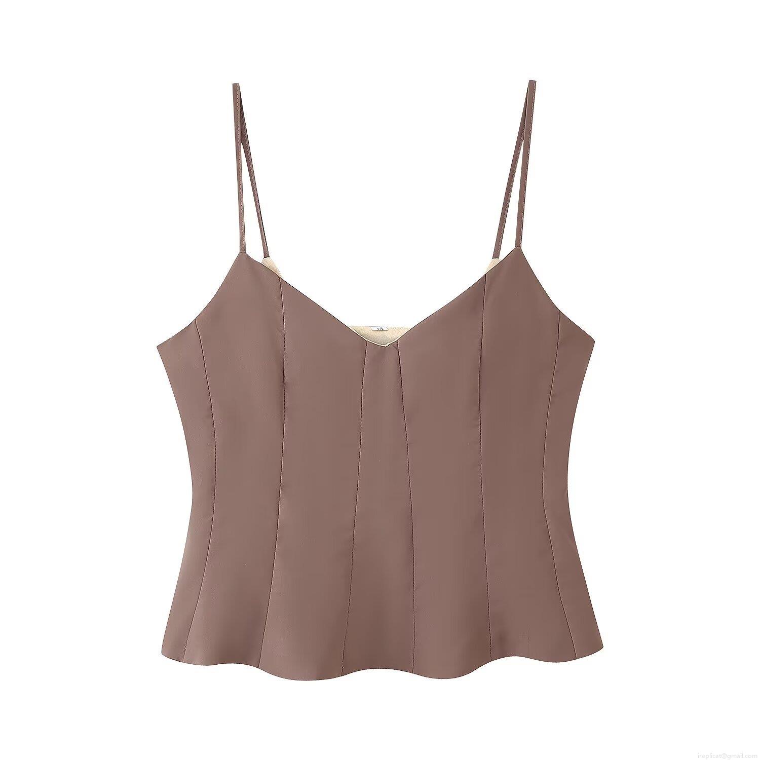 Women\'s Sexy V Neck Camisole Crop Top And High Waist Wide Leg Straight Pants Two Piece Set Solid Color Summer Outfits Streetwear Brown