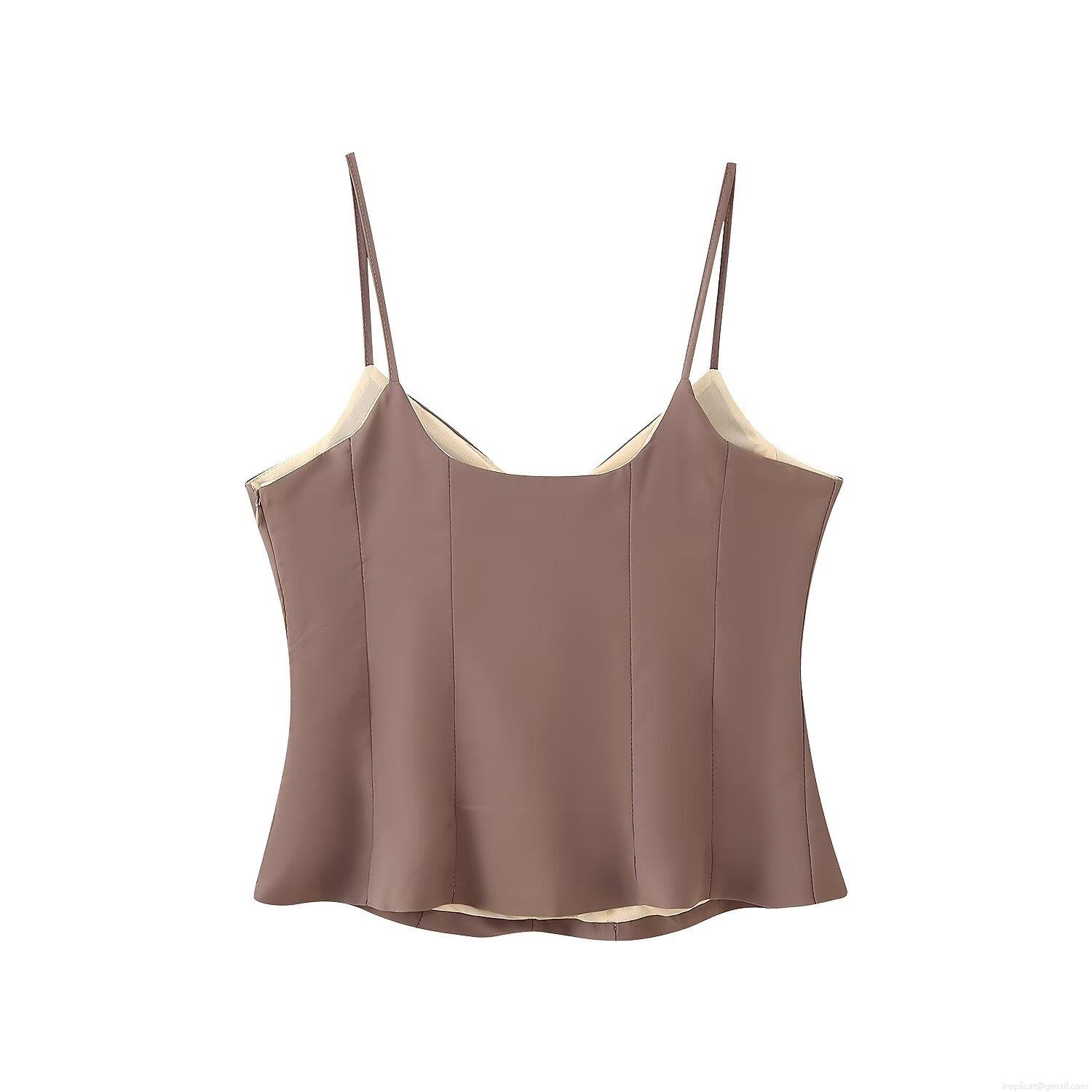 Women\'s Sexy V Neck Camisole Crop Top And High Waist Wide Leg Straight Pants Two Piece Set Solid Color Summer Outfits Streetwear Brown