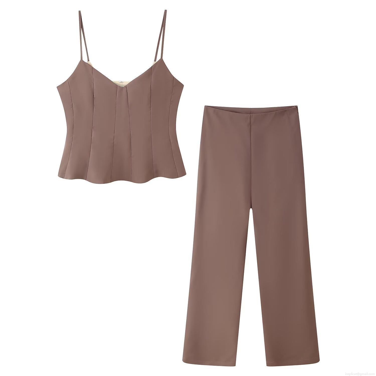 Women\'s Sexy V Neck Camisole Crop Top And High Waist Wide Leg Straight Pants Two Piece Set Solid Color Summer Outfits Streetwear Brown