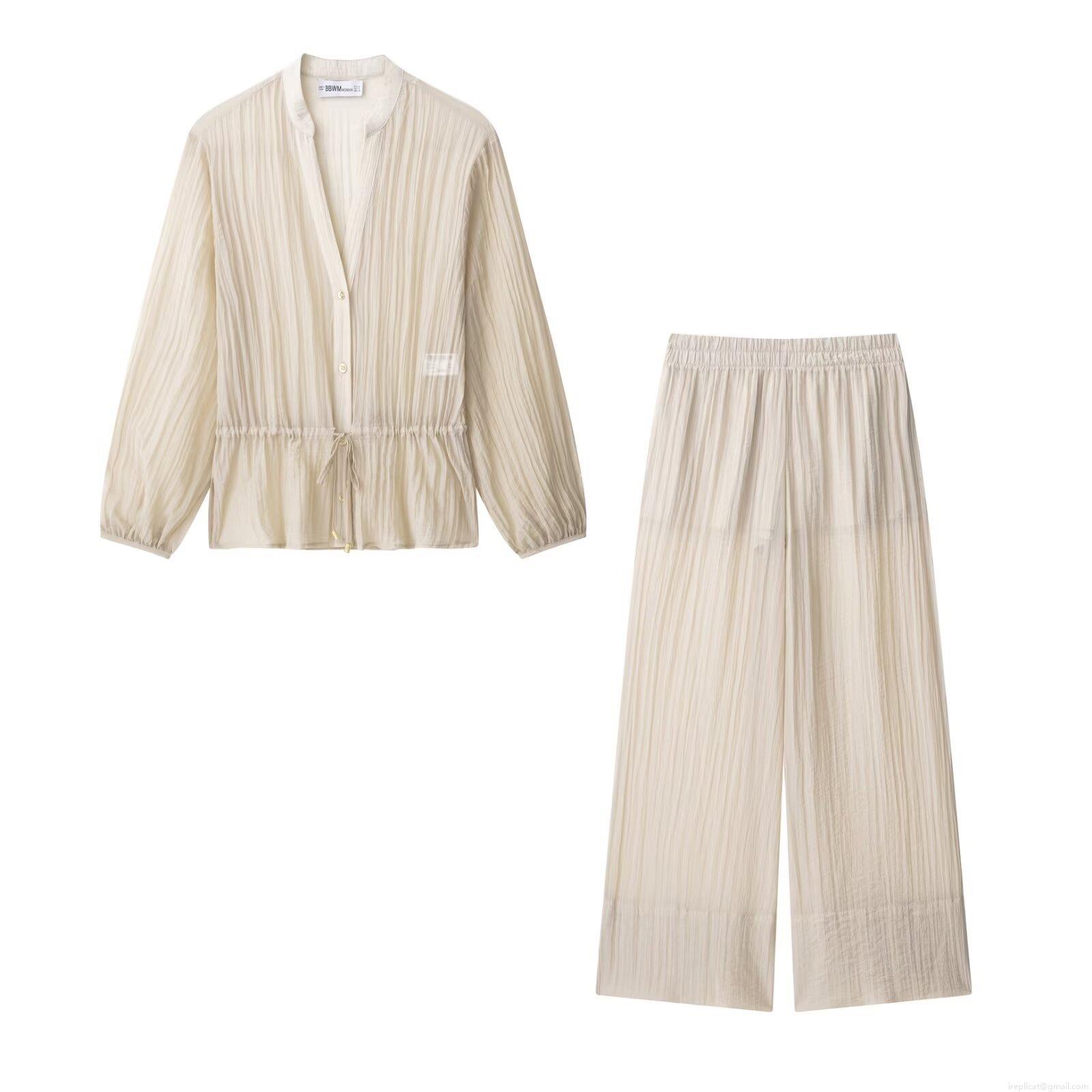 Women's Two Piece Outfits Summer Pleated Long Sleeve V Neck Shirt And High Waist Wide Leg Pants Set Solid Color Casual Streetwear Beach Sets Women's Two Piece Outfits Summer Pleated Long Sleeve V Neck Shirt And High Waist Wide Leg Pants Set Solid Color Casual Streetwear Beach Sets