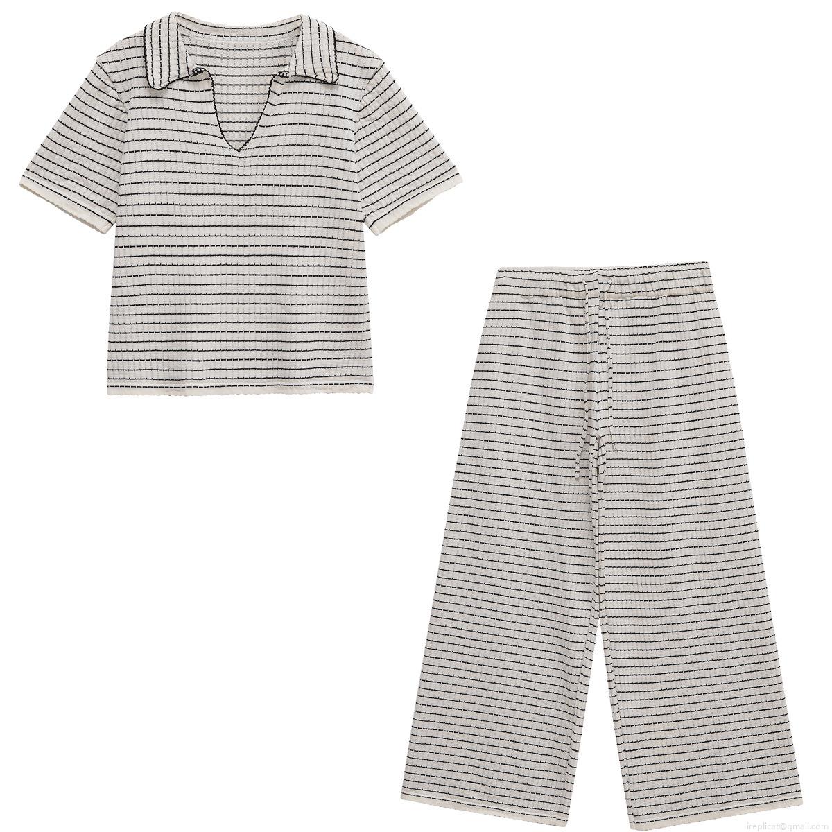 Women's Casual Knit Striped Two Piece Set V Neck Short Sleeve Polo Top And Elastic Waist Wide Leg Pants Ribbed Texture Summer Lounge Streetwear Outfit Women's Casual Knit Striped Two Piece Set V Neck Short Sleeve Polo Top And Elastic Waist Wide Leg Pants Ribbed Texture Summer Lounge Streetwear Outfit
