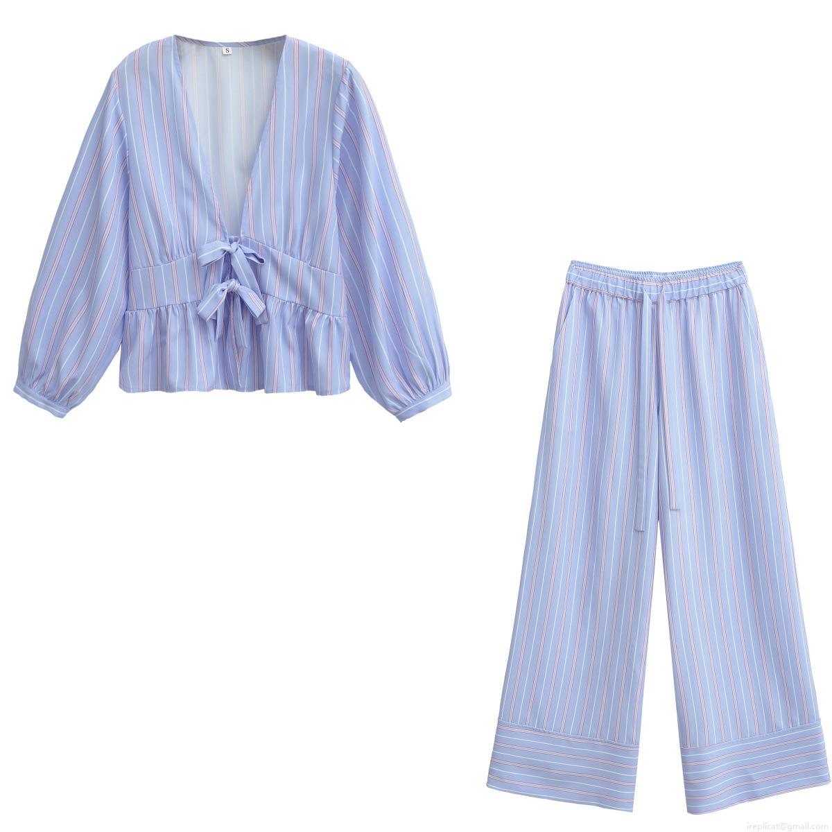 Women Two Piece Set Sexy V Neck Bow Tie Striped Long Sleeve Blouse Top and High Waist Wide Leg Pants Polyester Summer Street Style Casual Outfits Women Two Piece Set Sexy V Neck Bow Tie Striped Long Sleeve Blouse Top and High Waist Wide Leg Pants Polyester Summer Street Style Casual Outfits