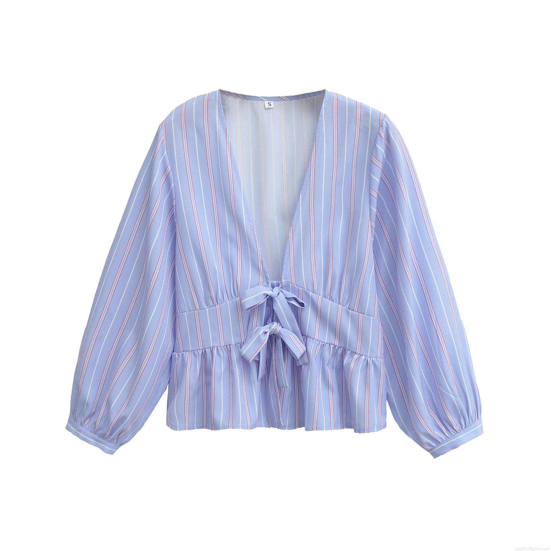 Women Two Piece Set Sexy V Neck Bow Tie Striped Long Sleeve Blouse Top and High Waist Wide Leg Pants Polyester Summer Street Style Casual Outfits
