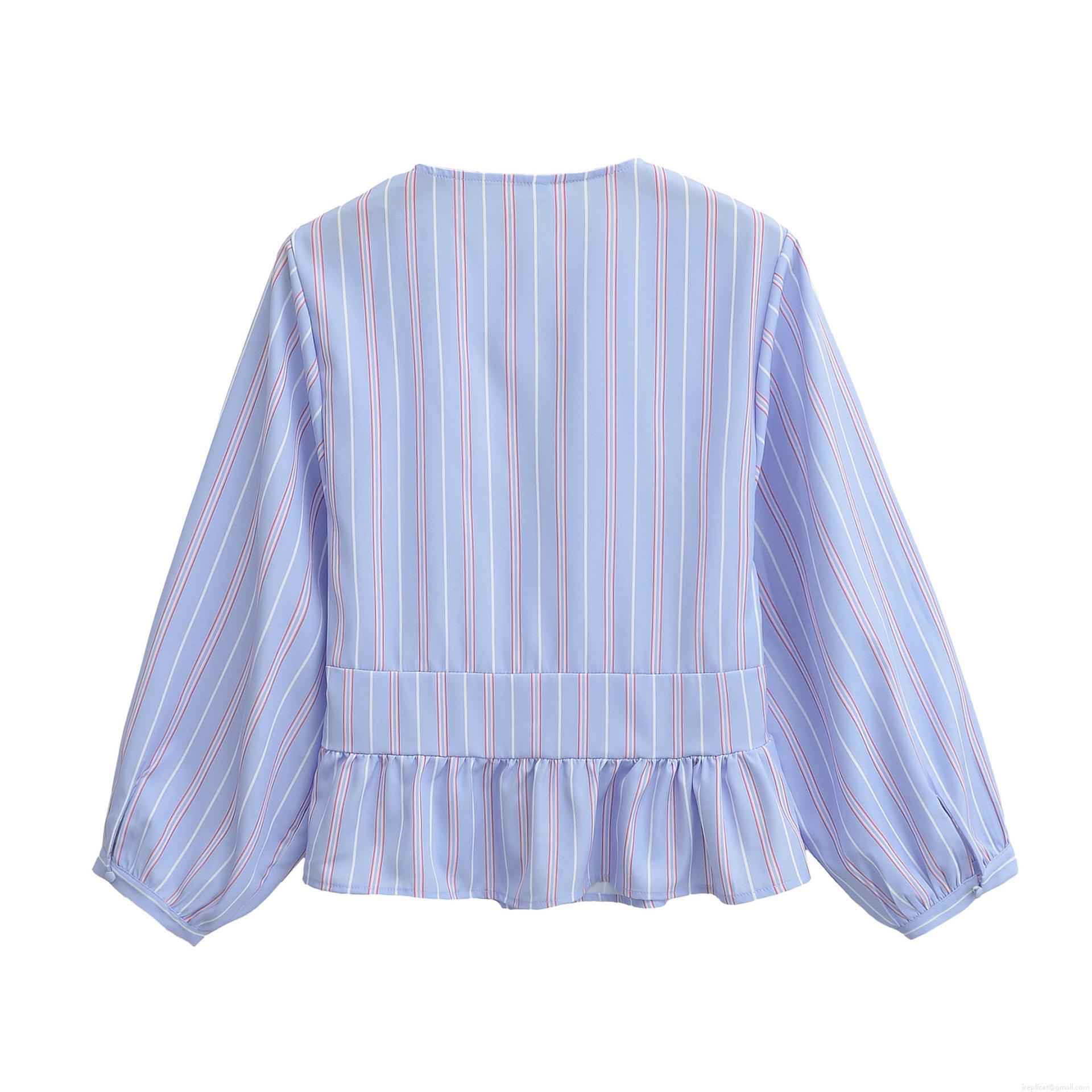 Women Two Piece Set Sexy V Neck Bow Tie Striped Long Sleeve Blouse Top and High Waist Wide Leg Pants Polyester Summer Street Style Casual Outfits