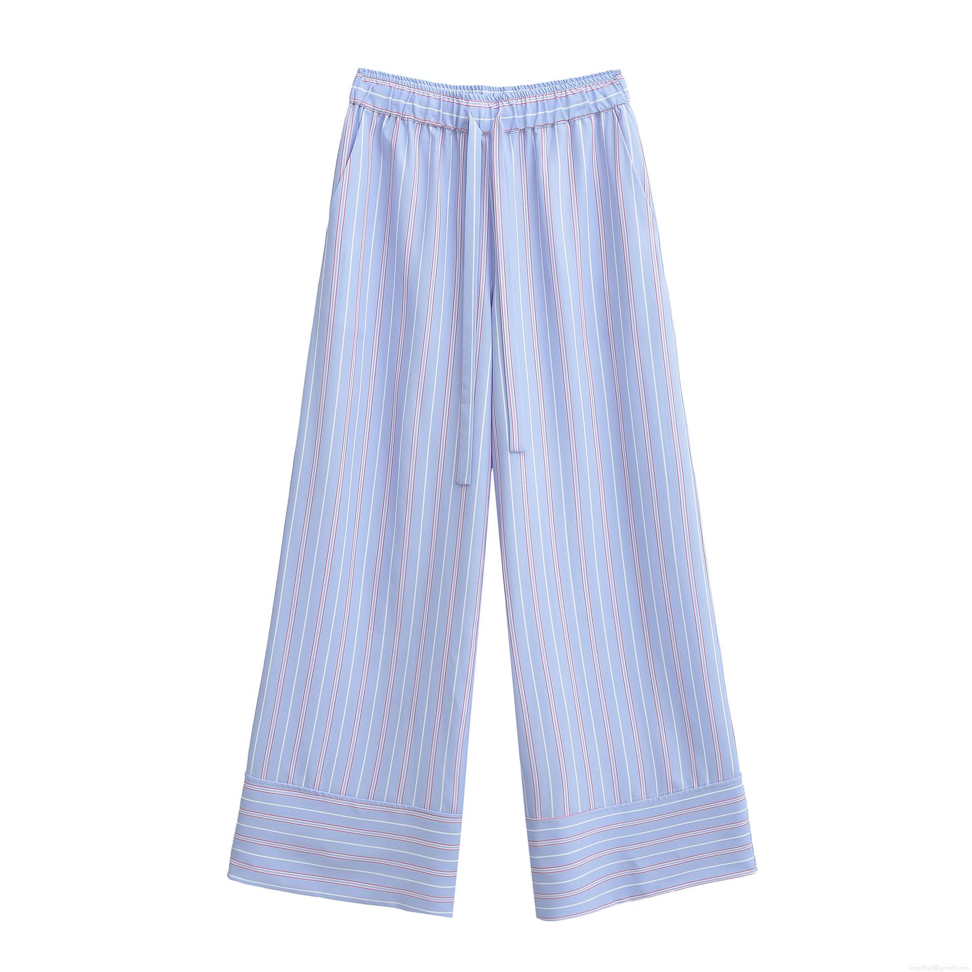 Women Two Piece Set Sexy V Neck Bow Tie Striped Long Sleeve Blouse Top and High Waist Wide Leg Pants Polyester Summer Street Style Casual Outfits