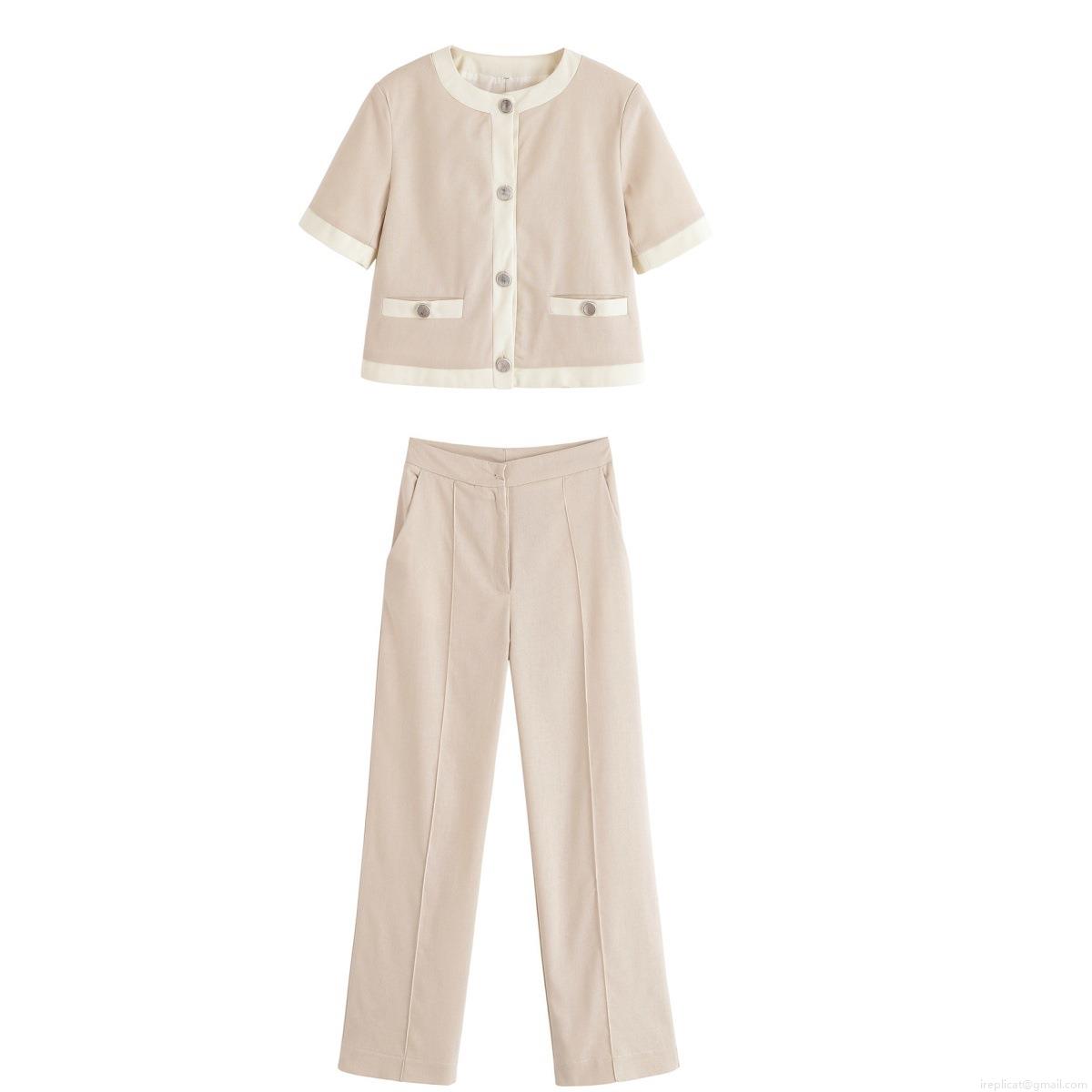 Women's Casual Blazer and Pants Two Piece Set Short Sleeve Round Neck Contrast Binding Jacket With High Waist Wide Leg Trousers Polyester Office Wear